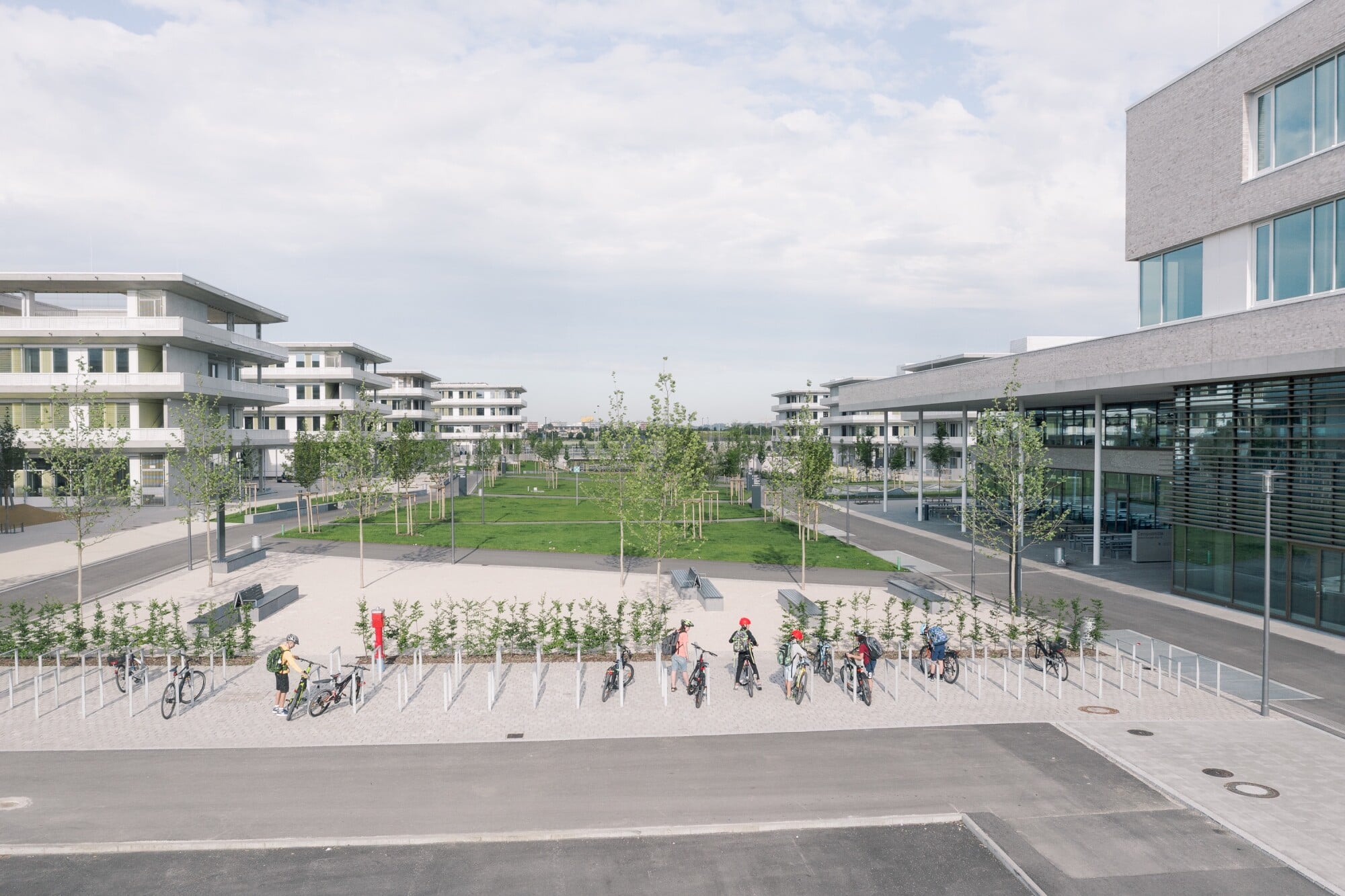 Der Campus besteht aus einem Gymnasium, einer Realschule, einer Grund- und Förderschule sowie der zentralen Mitte mit Zweifachsporthalle, Bibliothek und einer gemeinsam genutzten Mensa (rechts im Bild).