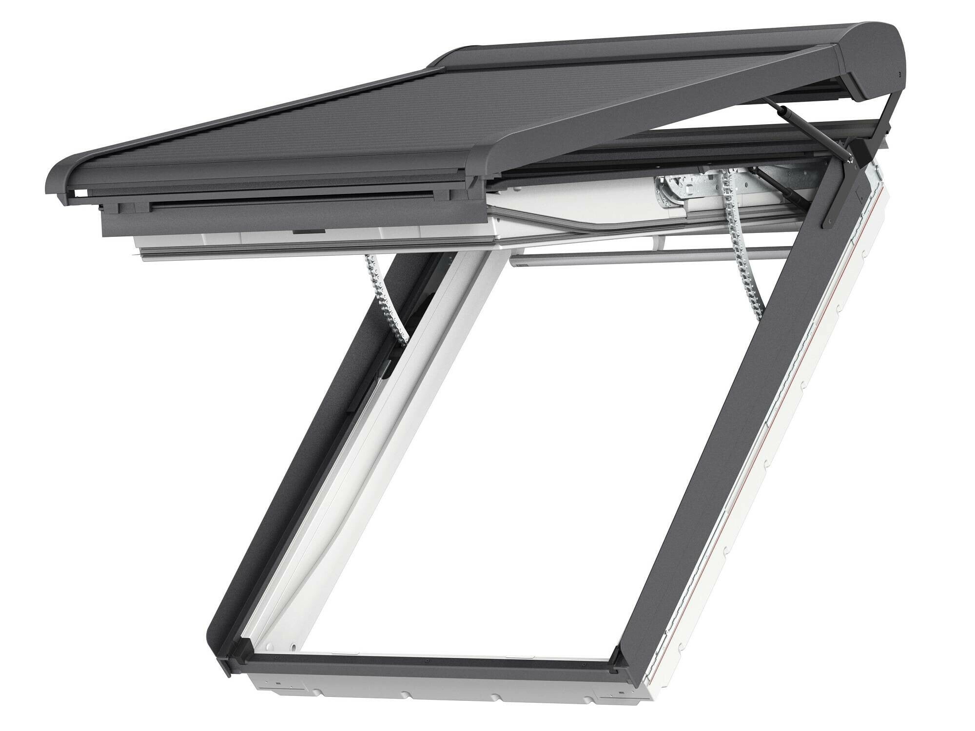 Die Motoren sind beim Velux Klapp-Schwing-Fenster Integra in den Rahmen integriert.