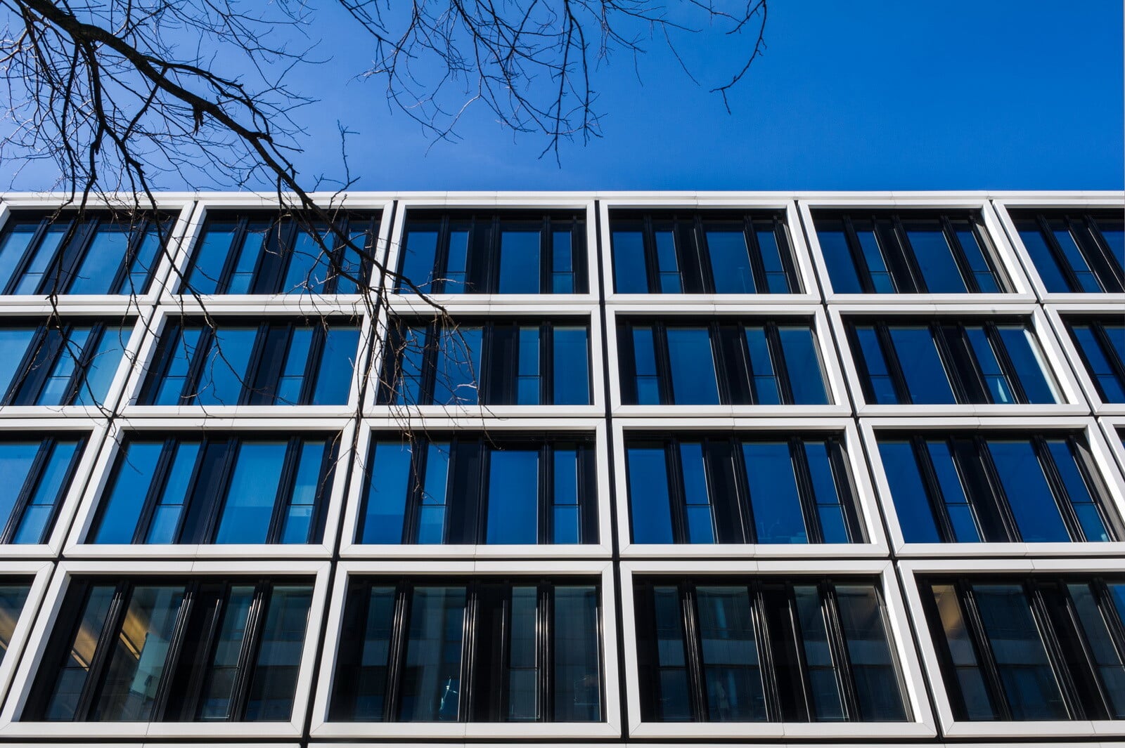Das Fassadenraster wird von prägnanten Rahmen gebildet, die aus mattweißen, scharfkantigen Aluminiumstrangpressprofilen bestehen, in denen mehrere schmale Fenster mit hochglänzenden, schwarzen Rahmenprofilen zusammengefasst sind.