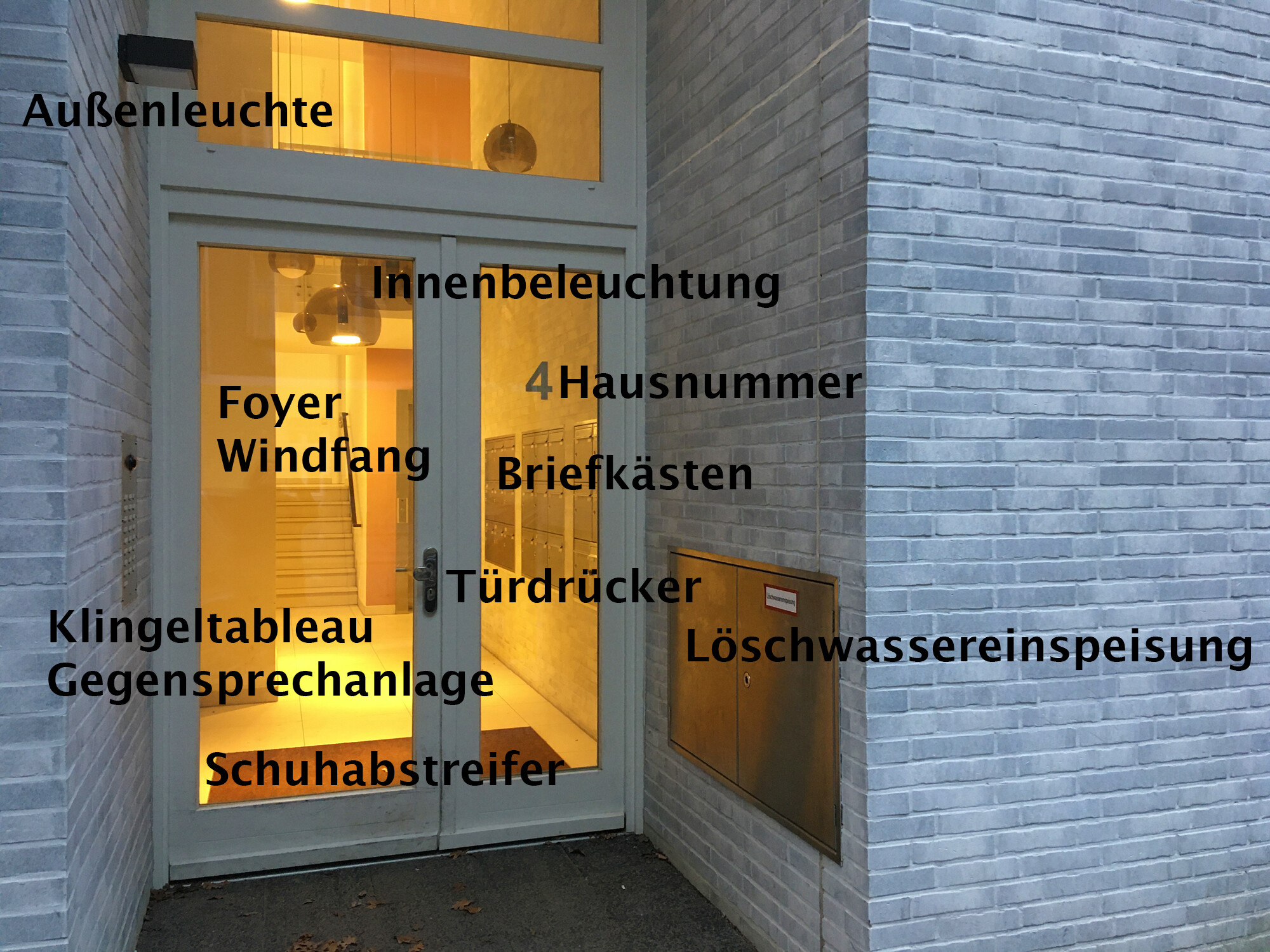Ein Beispiel für einen Hauseingang, bei dem mehrere Bestandteile benannt sind