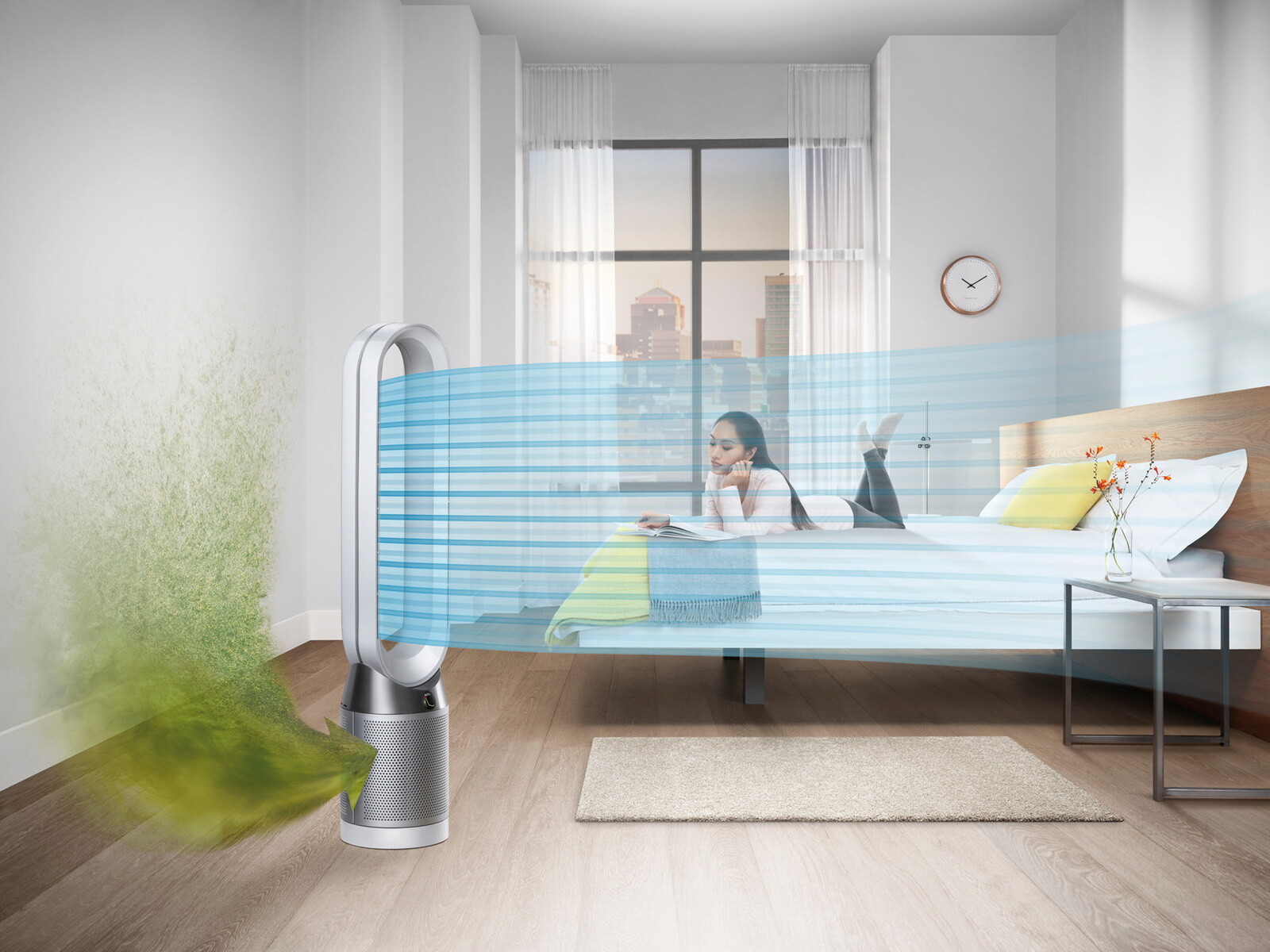 Der Dyson Pure Cool Luftreiniger erkennt Gase und 99,95 % der Partikel bis zu einer Größe von 0,1 Mikron sowie die relative Luftfeuchtigkeit und Temperatur.