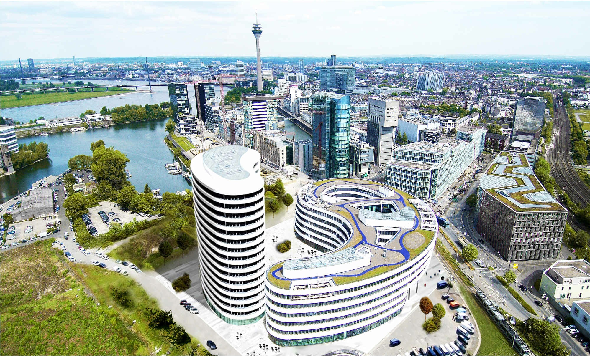 Sechs Geschosse hoch, auf einer organisch gewundenen Grundfläche, nimmt das Gebäude seinen Platz am Ende eines Hafenbeckens ein.