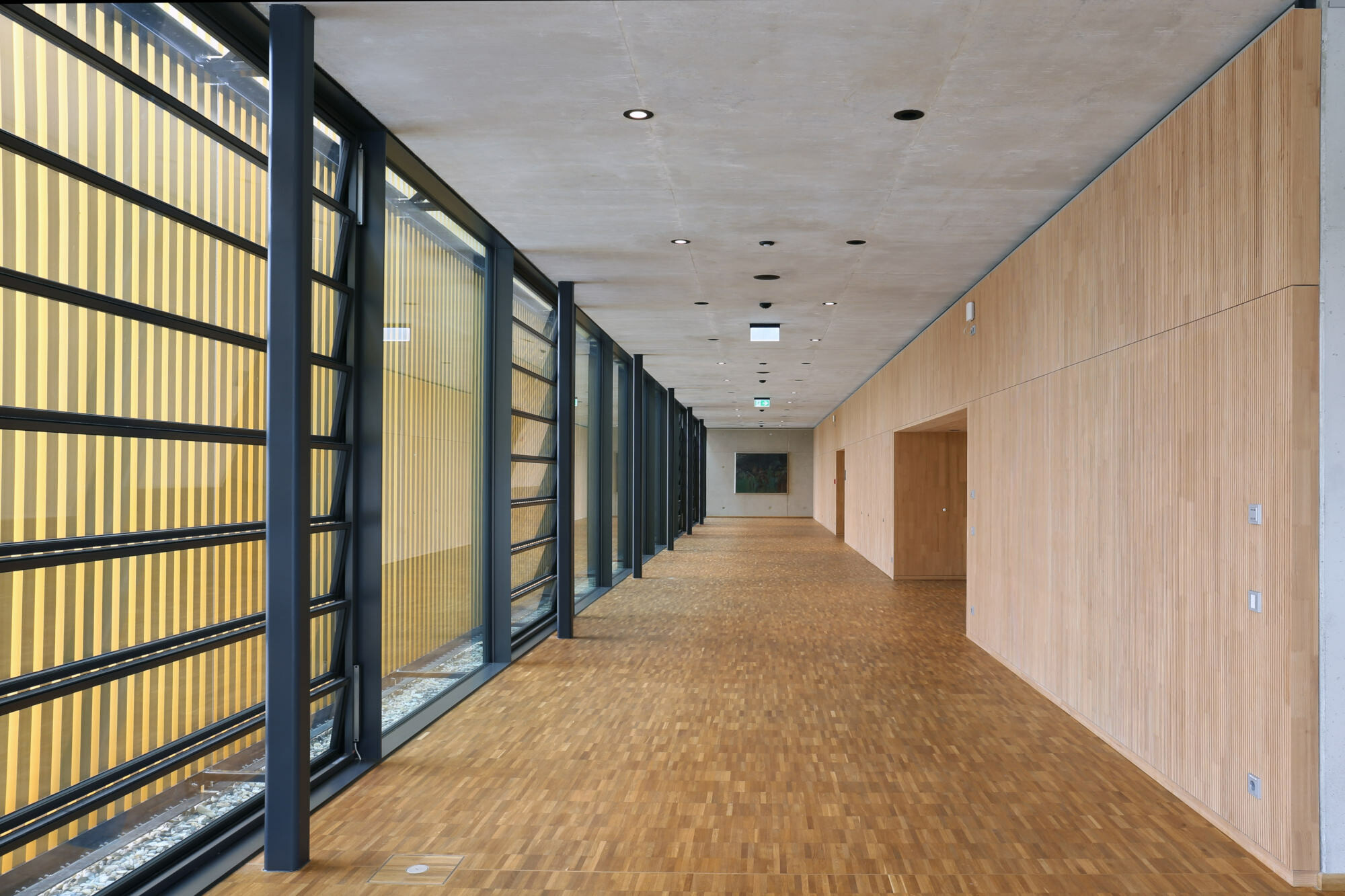 Die Holzelemente schaffen einen Ausgleich zu schallharten Oberflächen wie Sichtbeton und Glas.