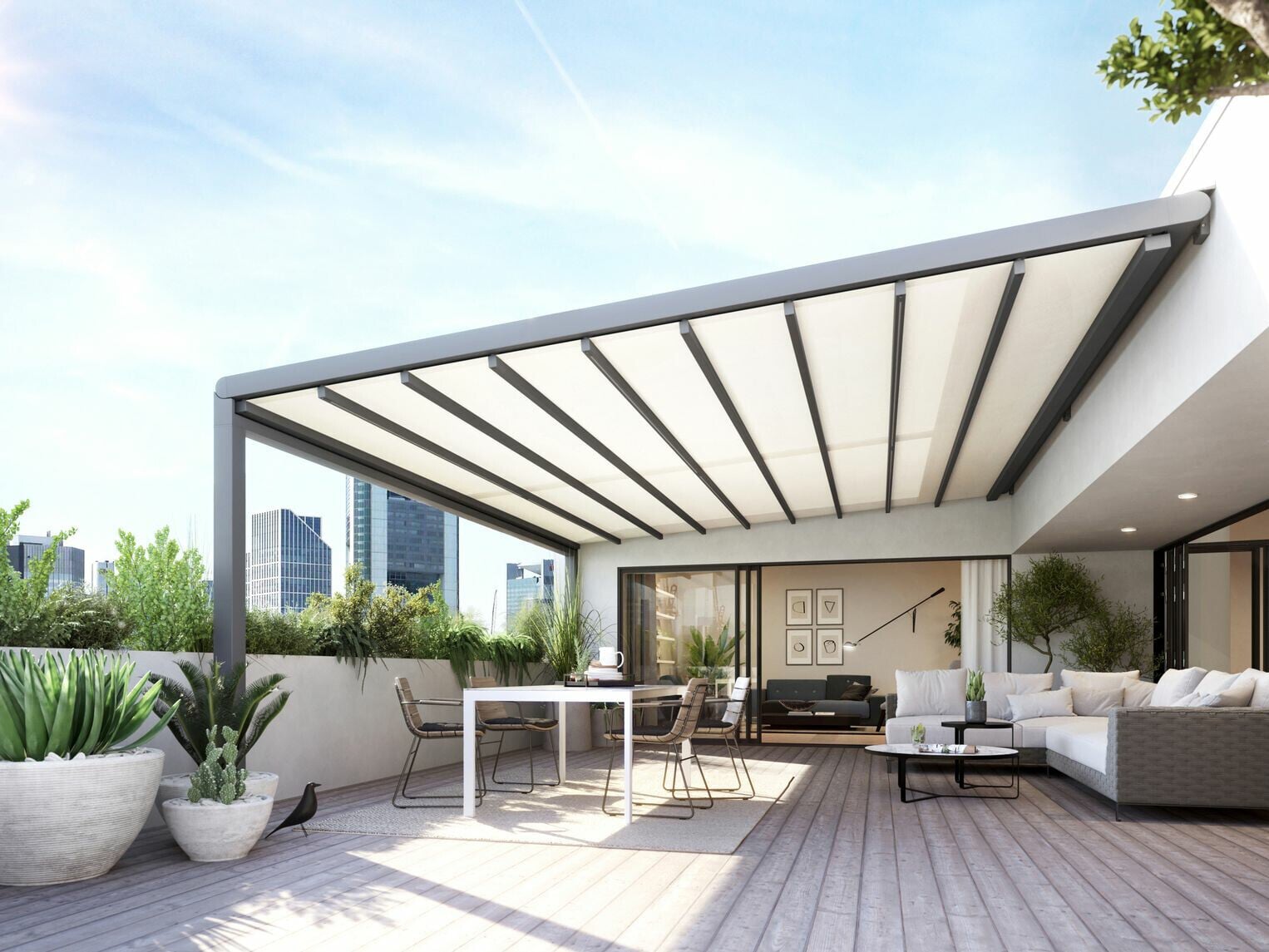 Wohnraum im Freien: Der Hersteller Markilux hat mit der „Pergola Stretch“ ein variables Sonnen- und Regendach für große Flächen herausgebracht.