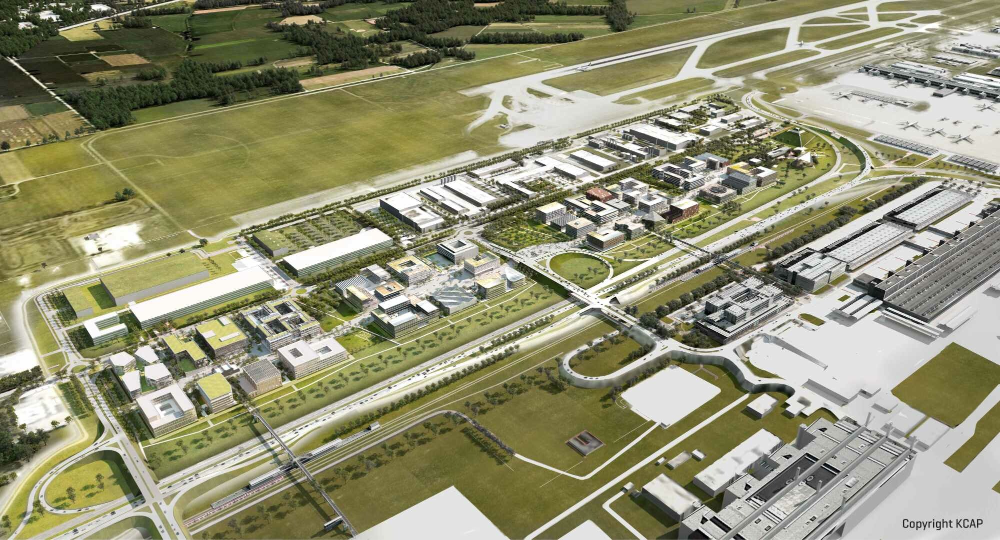 Das Gebäude ist Teil des sogenannten Lab Campus, der nach einem Masterplan von KCAP im Westen des Flughafens verwirklicht wird (Visualisierung).