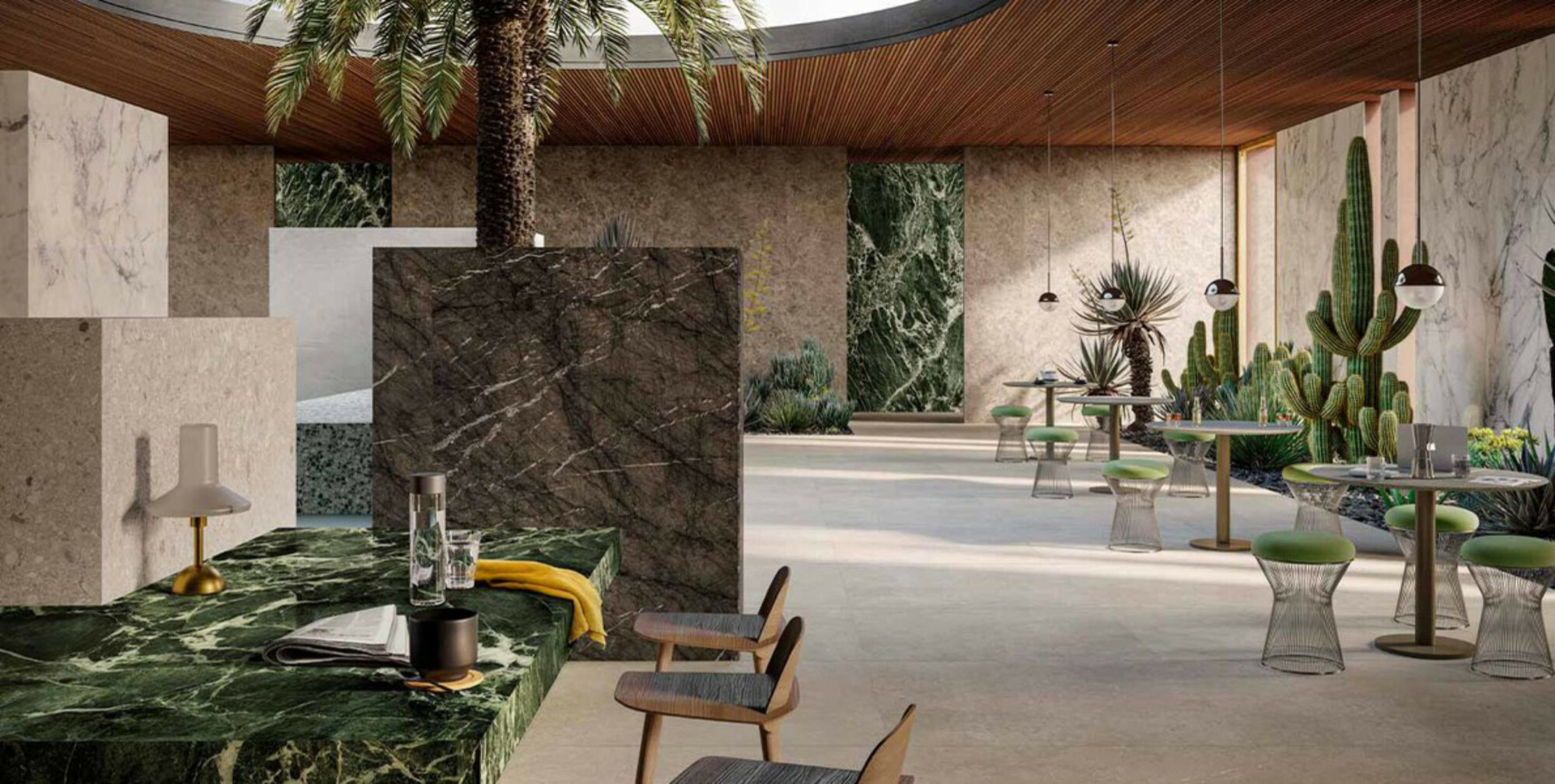 Marazzi führte seine beiden neuen Designkonzepte Villa und Hub – kuratiert vom Studio Alessandro Pasinelli – sowohl am Messestand in der neuen Halle 37 als auch im Firmenshowroom in Sassuolo vor. Hier eine Komposition der Kollektion Hub.