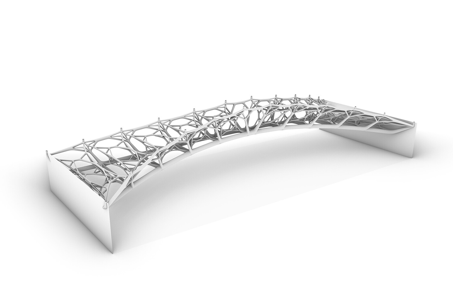 Als Einsatzgebiet sehen die Forschenden vor allem komplexe Brücken- oder Dachtragwerke. Hier zu sehen ist ein Entwurf einer auf dem Prinzip der 3D-Injektionsdruckverfahren-Technologie basierenden Brücke.