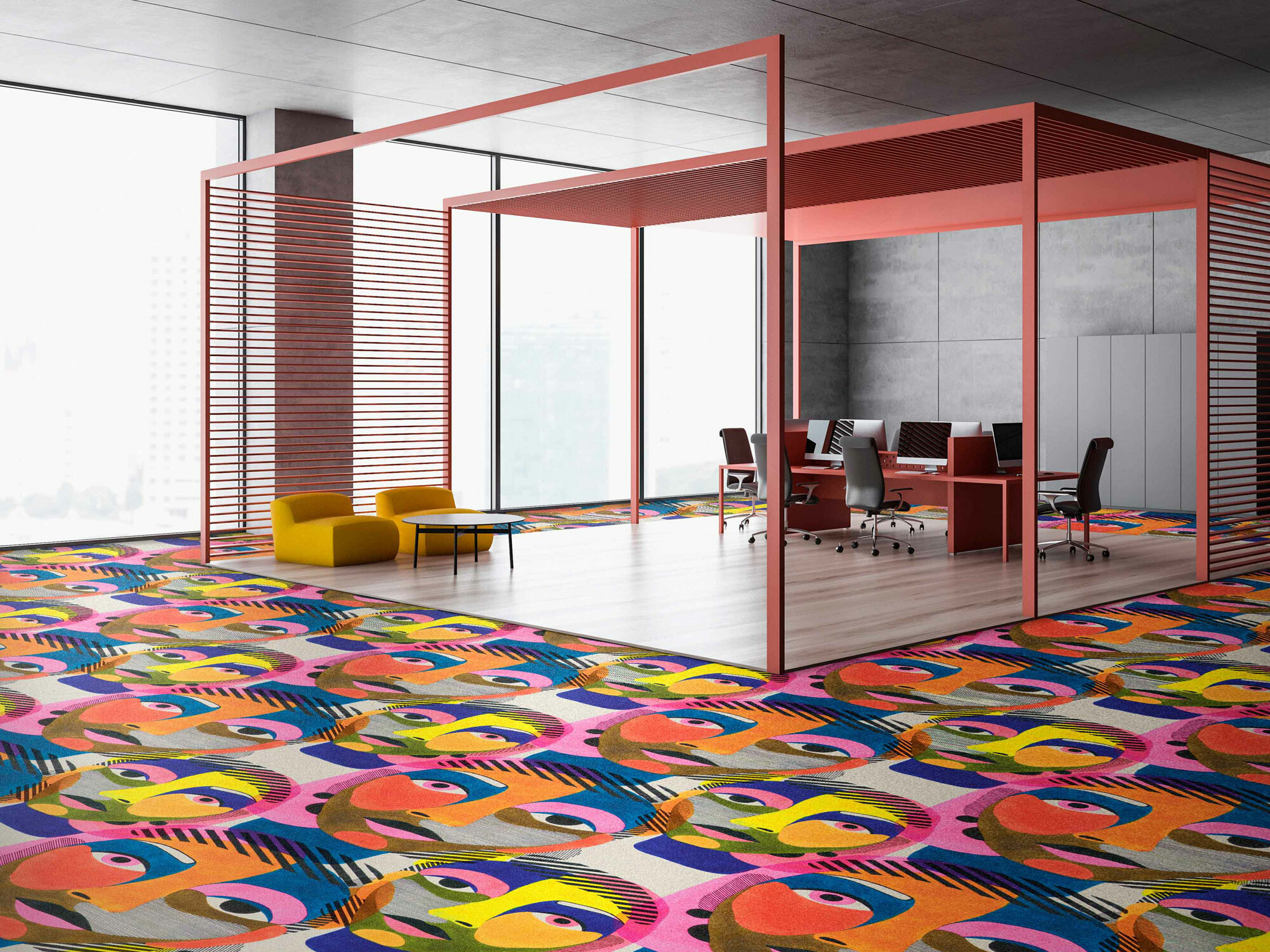 Die fotorealistische, textile Webware Forum von Object Carpet wirkt als Blickfang; durch Kombination lassen sich Räume zonieren (im Bild: ID Forum Shari).