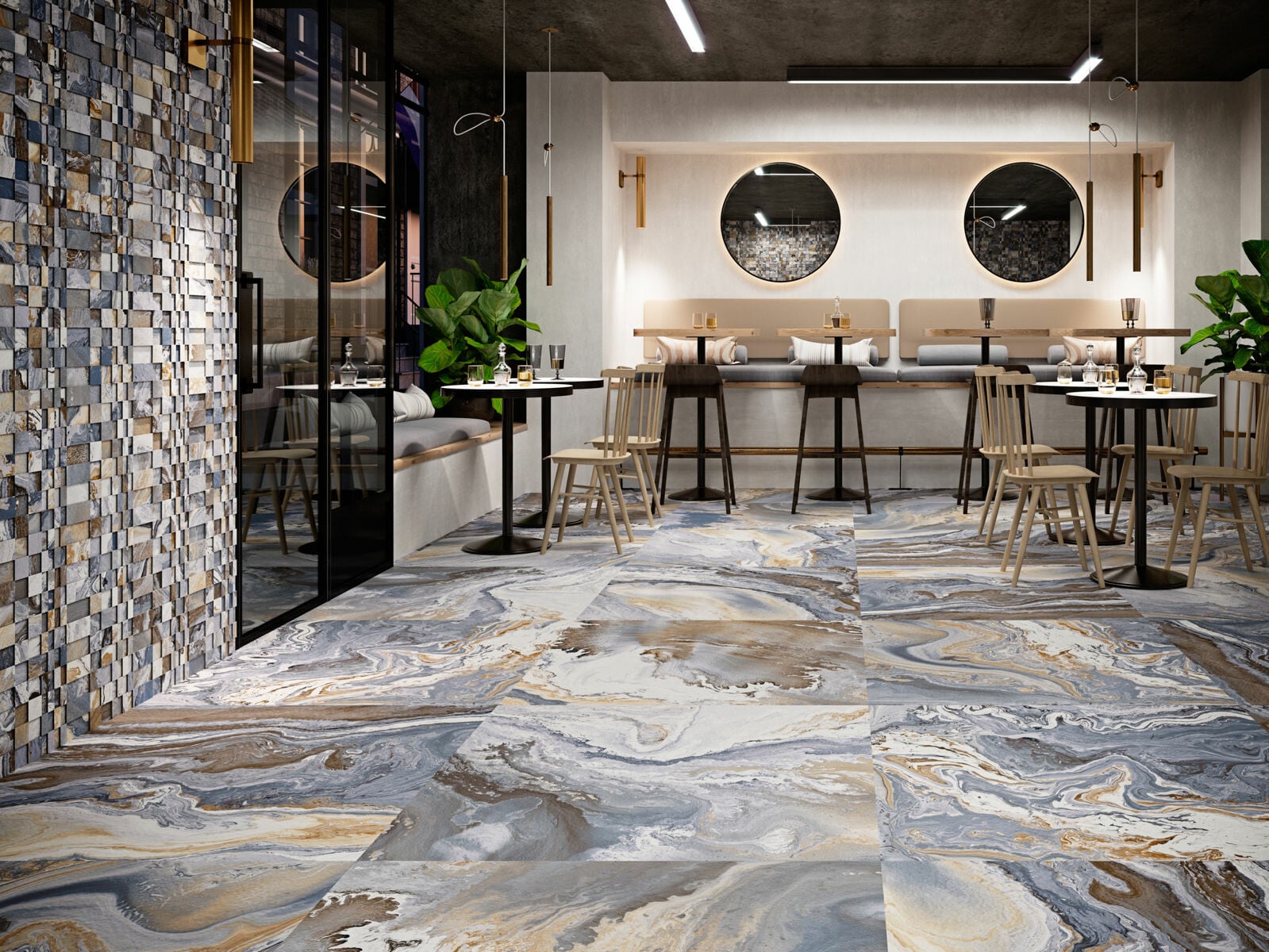 Die Feinsteinzeugkollektion Canyon von Land Porcelánico zeigt sich mit wilden Farbstrudeln in erdigen, harmonischen Farbkombinationen.