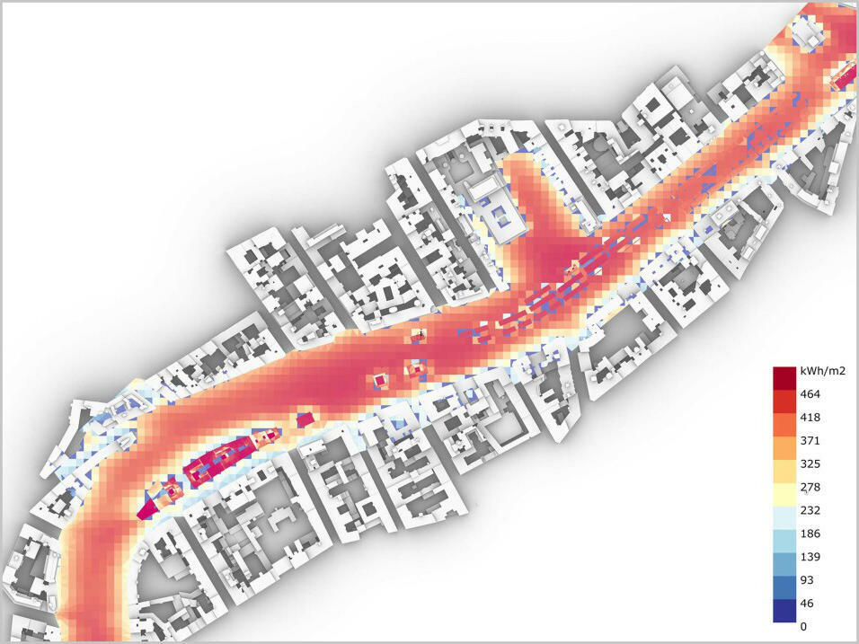Sonnenstrahlungskarte und Anzahl Sonnenstunden für die Stadt Wien