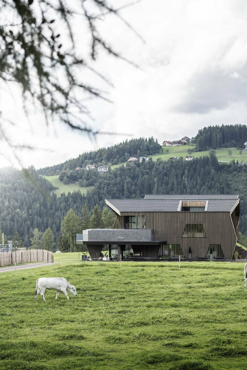 In der grünen Berglandschaft sind viele Gebäude mit ähnlich weiten Giebeln zu sehen.