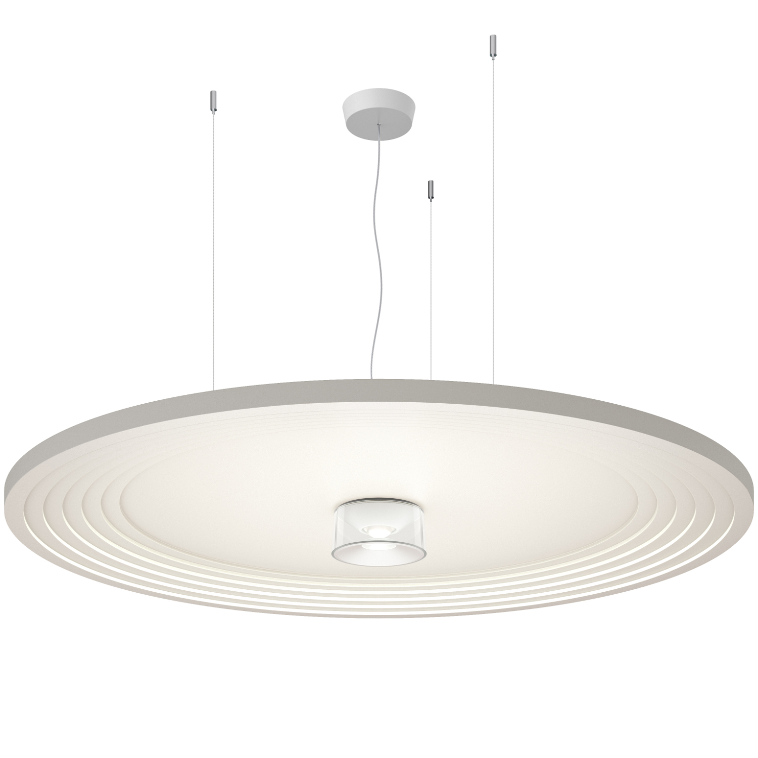 Was wie ein flacher, groß dimensionierter Leuchtenschirm mit mittiger Lichtquelle anmutet, ist das Akustikpaneel. 