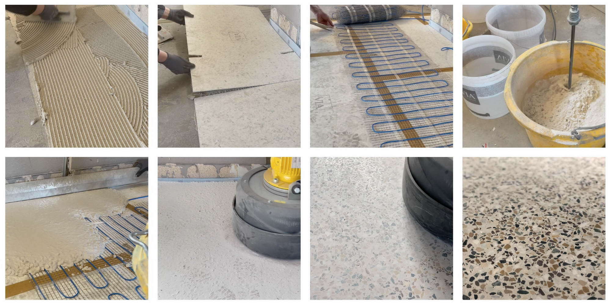 Auf dem tragfähigen Untergrund werden spezielle Dämm- und Entkoppelungsplatten aufgebracht, auf die dann eine elektrische Fußbodenheizung aufgeklebt wird. Hierauf wird schließlich die Terrazzo-Masse mit einer Kelle aufgegossen, die bereits am Folgetag geschliffen werden kann.