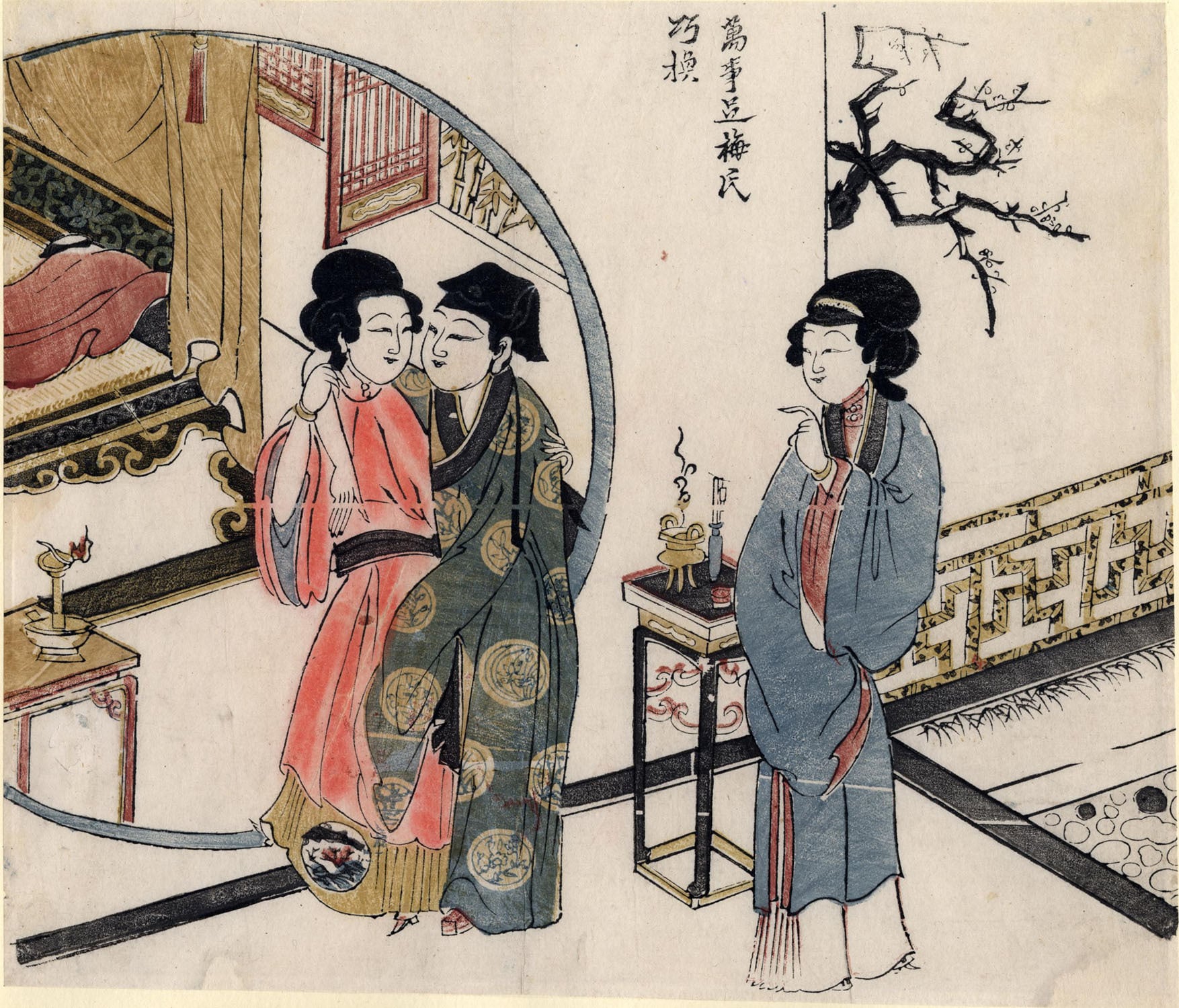 Mondtore finden sich seit der Ming-Dynastie, also seit dem 14. Jahrhundert, in palastartigen Gebäuden wie Hallen und Pavillons sowie auch in Mauern, die Gärten umgeben und gliedern (im Bild: Mondtor als Tür zu einem Schlafzimmer, farbiger Holzdruck auf Papier, ca. 1690-1720, Quing Dynastie, Suzhou, China).