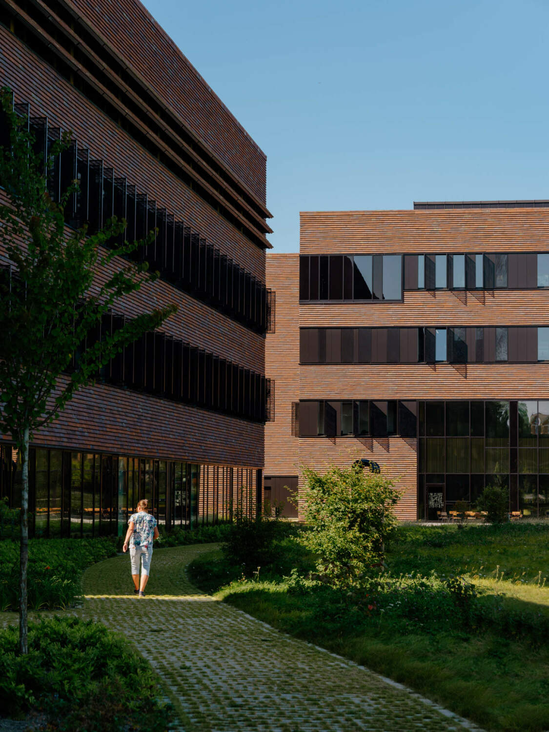 Die Fassade aus handgeschnittenen Ziegeln ist in der Horizontale durch Fensterbänder gegliedert.