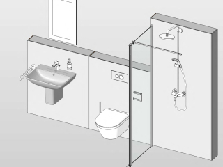 Das Badia-Modulsystem in übersichtlicher 3D-Ansicht zur Planung der Sanitäreinrichtung: Die Elektro- und TGA-Planung sowie die Kostenkalkulation laufen automatisch im Hintergrund. 