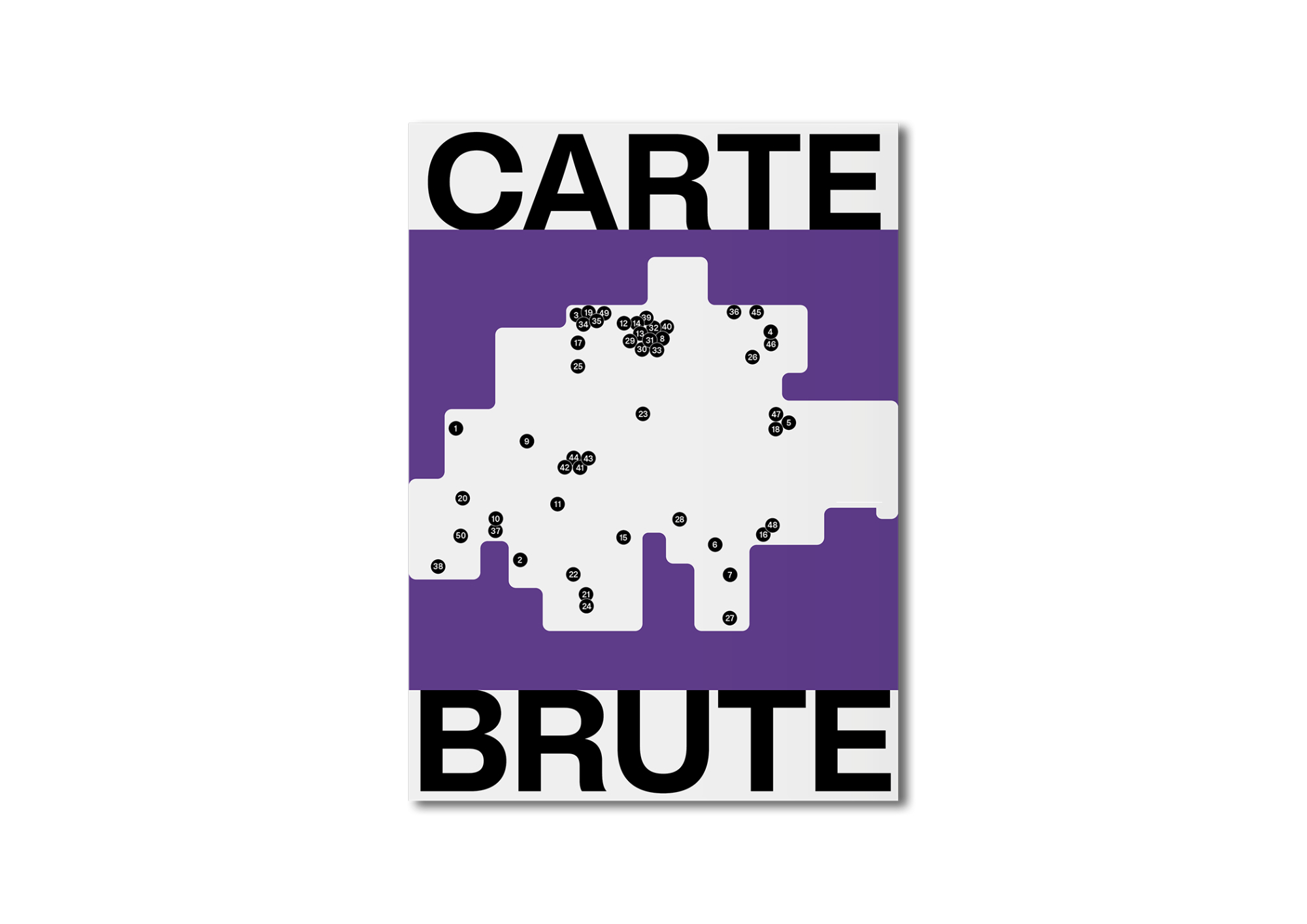 Jede Carte Brute ist umwickelt von einer farbigen Banderole, die die Region im Fokus mit den Standorten der dortigen brutalistischen Sehenswürdigkeiten zeigt.