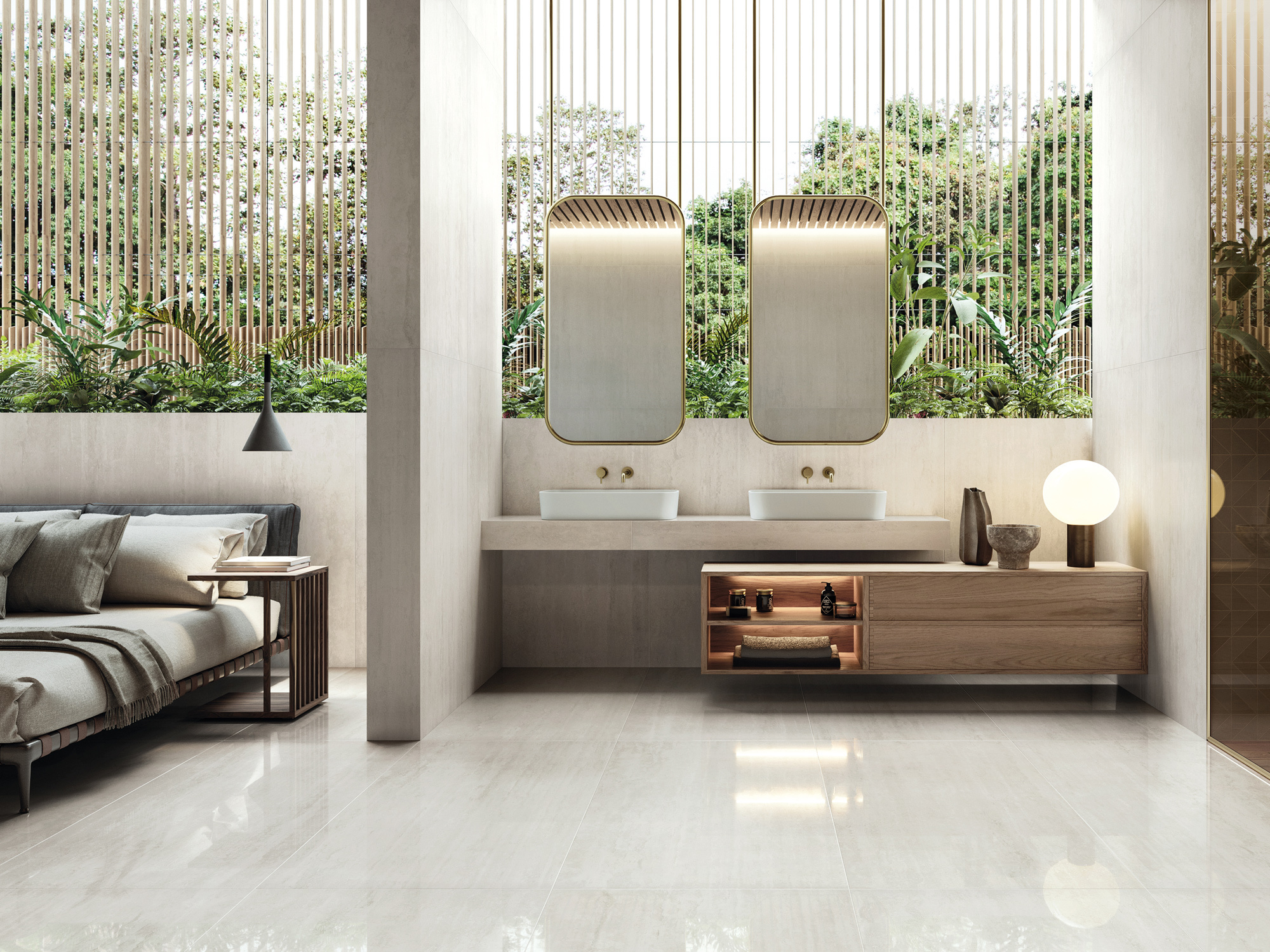 Die neutralen Farben Beige, Bianco und Grigio bringen Eleganz ins Interior. Im Bild: Ausführung in Prestigio Travertino Bianco Lucido Soft