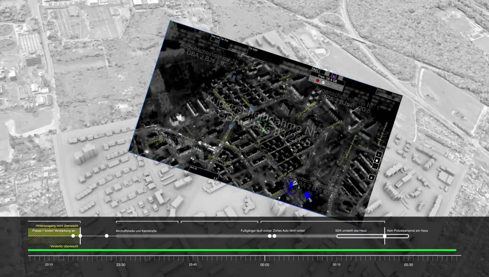 Das Team analysierte die Aufnahmen des Polizeihubschraubers in einem digitalen Umgebungsmodell. In der Nacht wurden die Bewegungen von Polizisten und Spezialkräften in der Umgebung des Täter-Hauses aufgezeichnet.