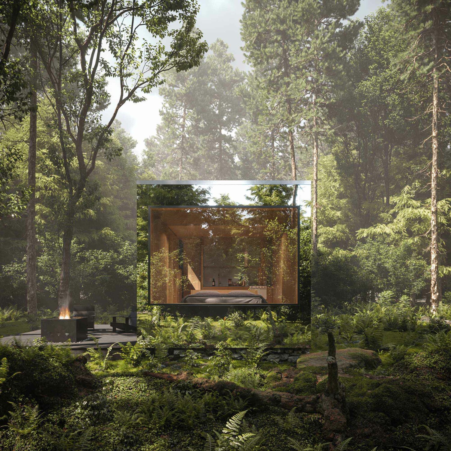 Erholung im Wald: Ein Zimmer mit Küche und Bad für zwei, ein großes Panoramafenster und ein Terrassendeck mit Feuerstelle