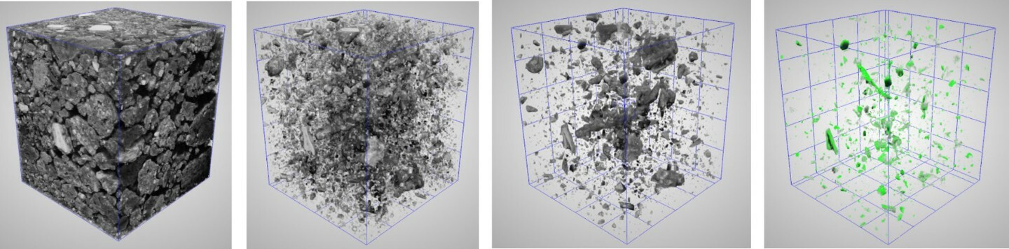 Segmentierte Aufnahme (µ-Computertomographie) einer recovered Carbon Black (rCB) Probe zur Darstellung von Agglomeraten und Verunreinigungen.