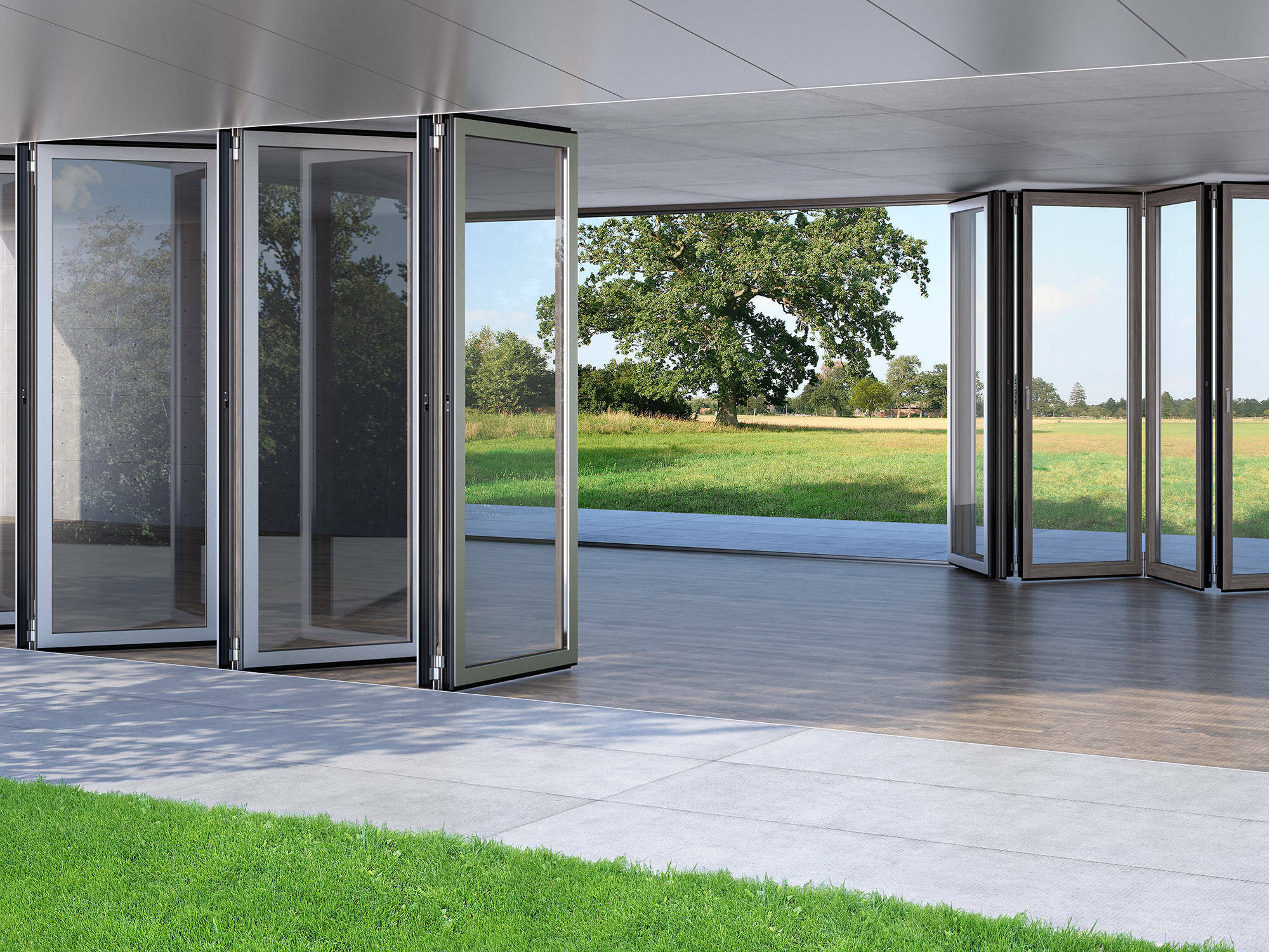 Glasfaltwände ermöglichen einen unmittelbaren Zugang nach außen (im Bild: Modell der Serie Combiline aus Holz und Aluminium von Solarlux).