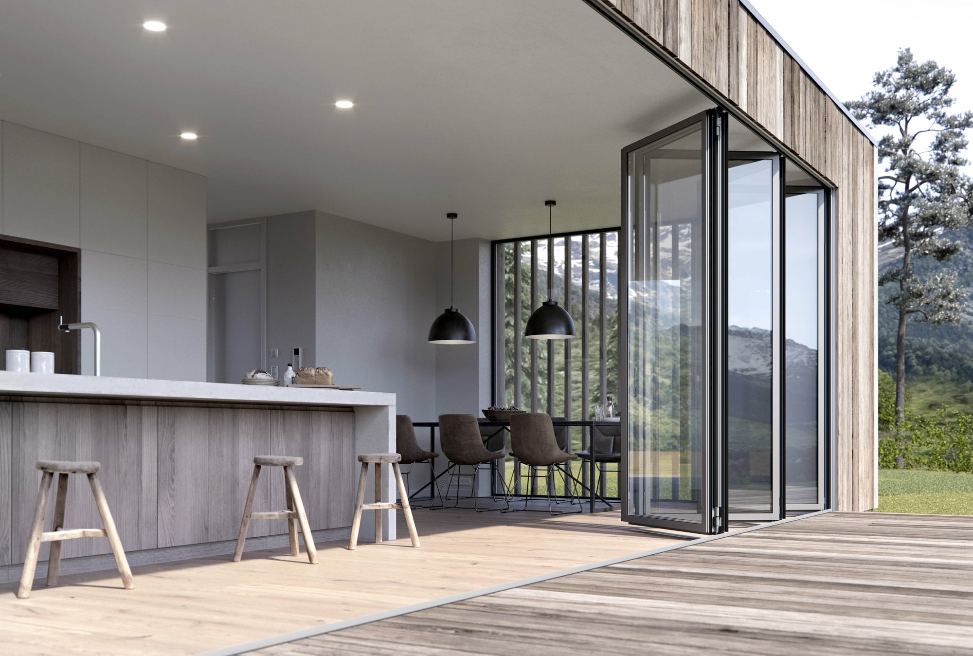 Glasfaltwände bestehen aus mehreren Glasflügeln, die sich auf ein etwa 50 cm breites seitliches Paket nach dem Ziehharmonikaprinzip zusammenfalten lassen (hier Glas-Faltwand Highline aus Aluminium von Solarlux).