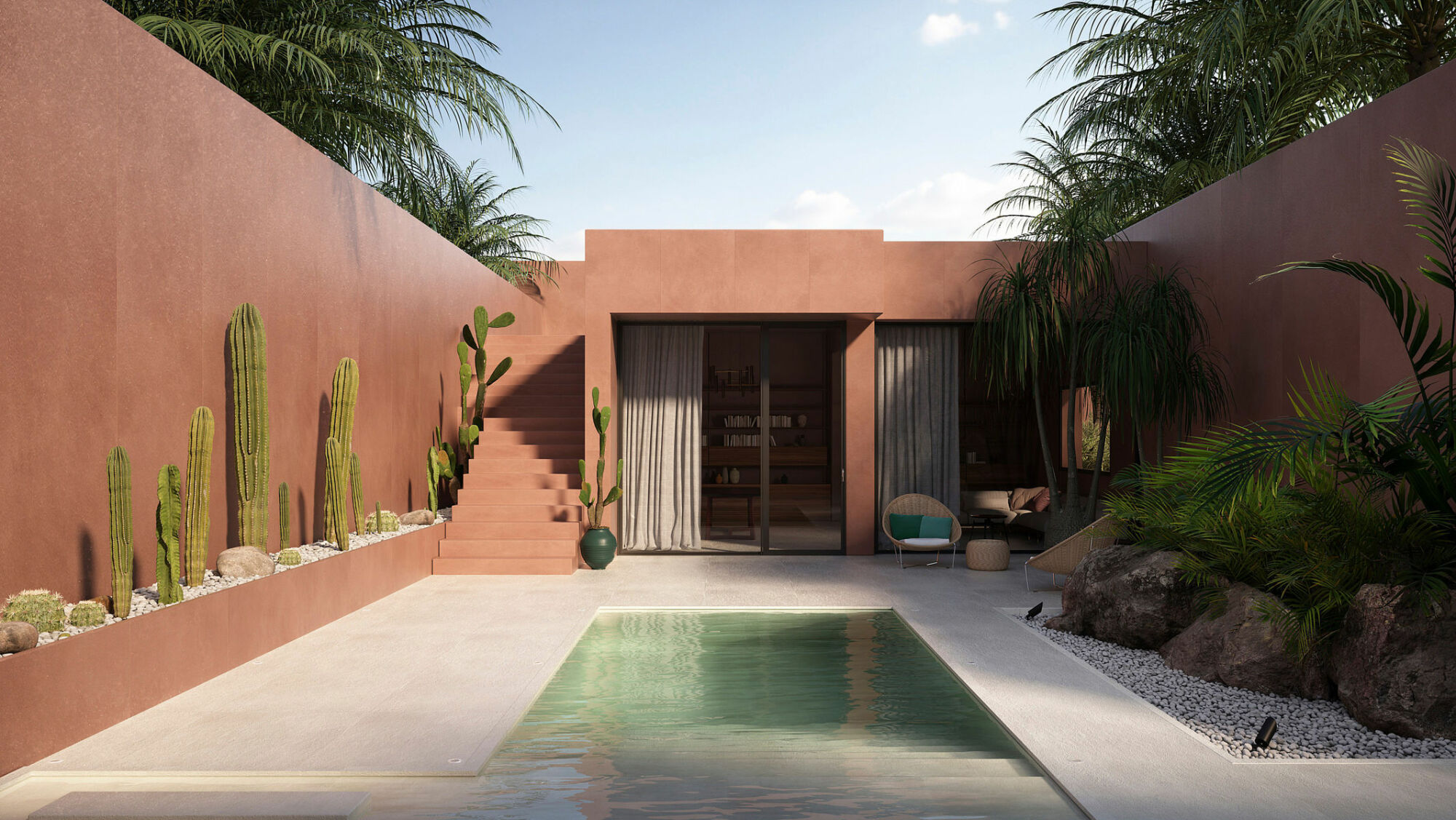Terrakotta-Farbtöne sind zurück: Ein Beispiel hierfür ist die Farbstellung Terracotta der neuen Laminam-Kollektion Calce – hier in der Outdoor-Version.