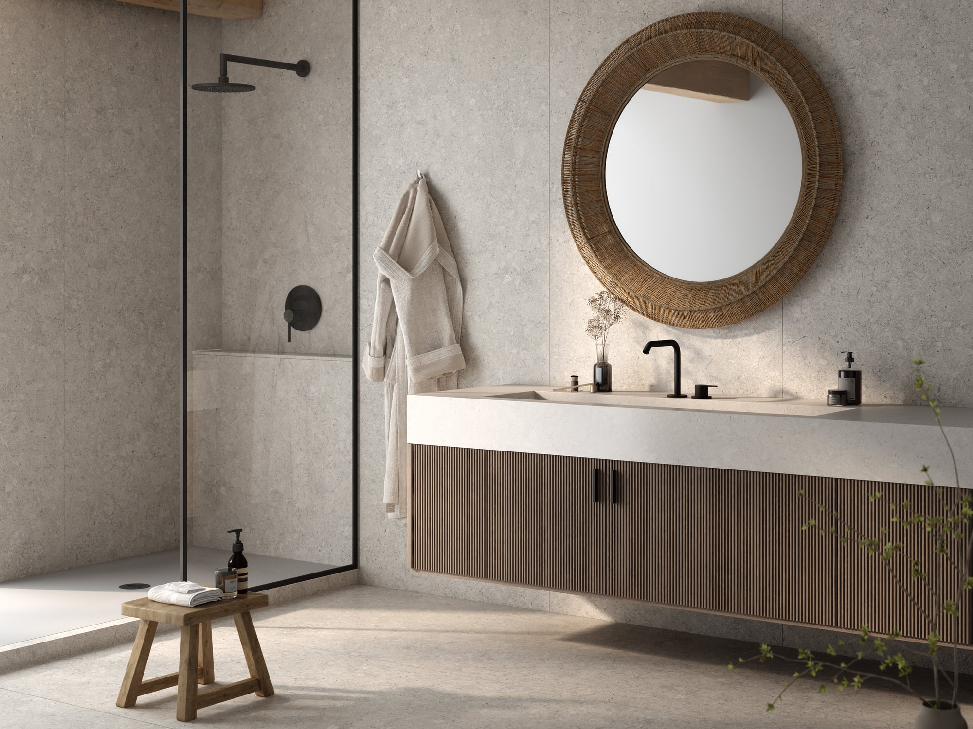 Die Kollektion Pietra Kode setzt italienische Natursteine in ein Kompositmaterial um. Im Bild: Dekton Vicenza Kode VK03 Grigio hat einen grauen Farbton mit warmen Nuancen und passt gut zu Cremetönen, Hölzern und Taupe-Farben.