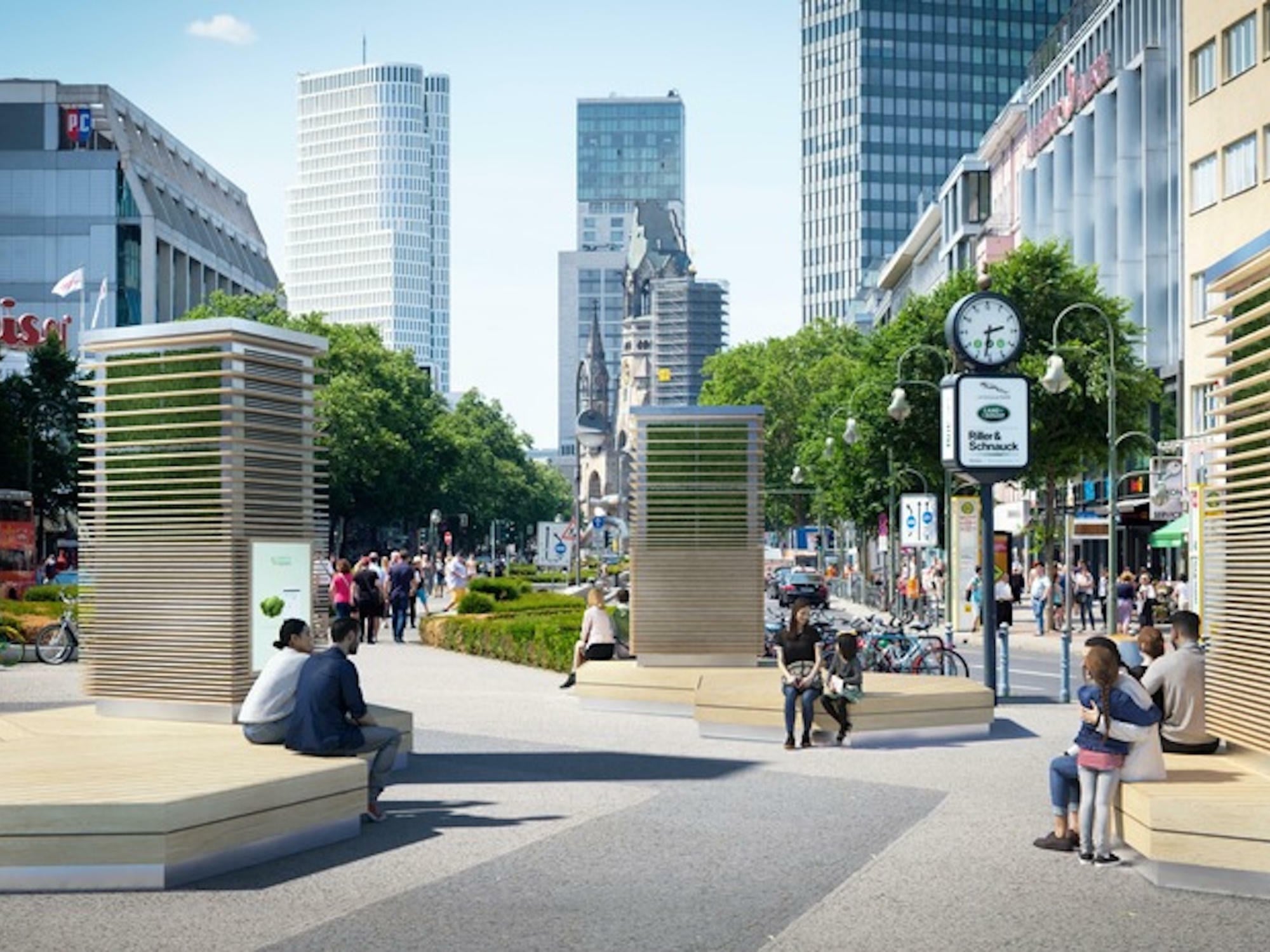 Das Stadtmöbel CityTree kombiniert Moosfilter und Sitzbank.