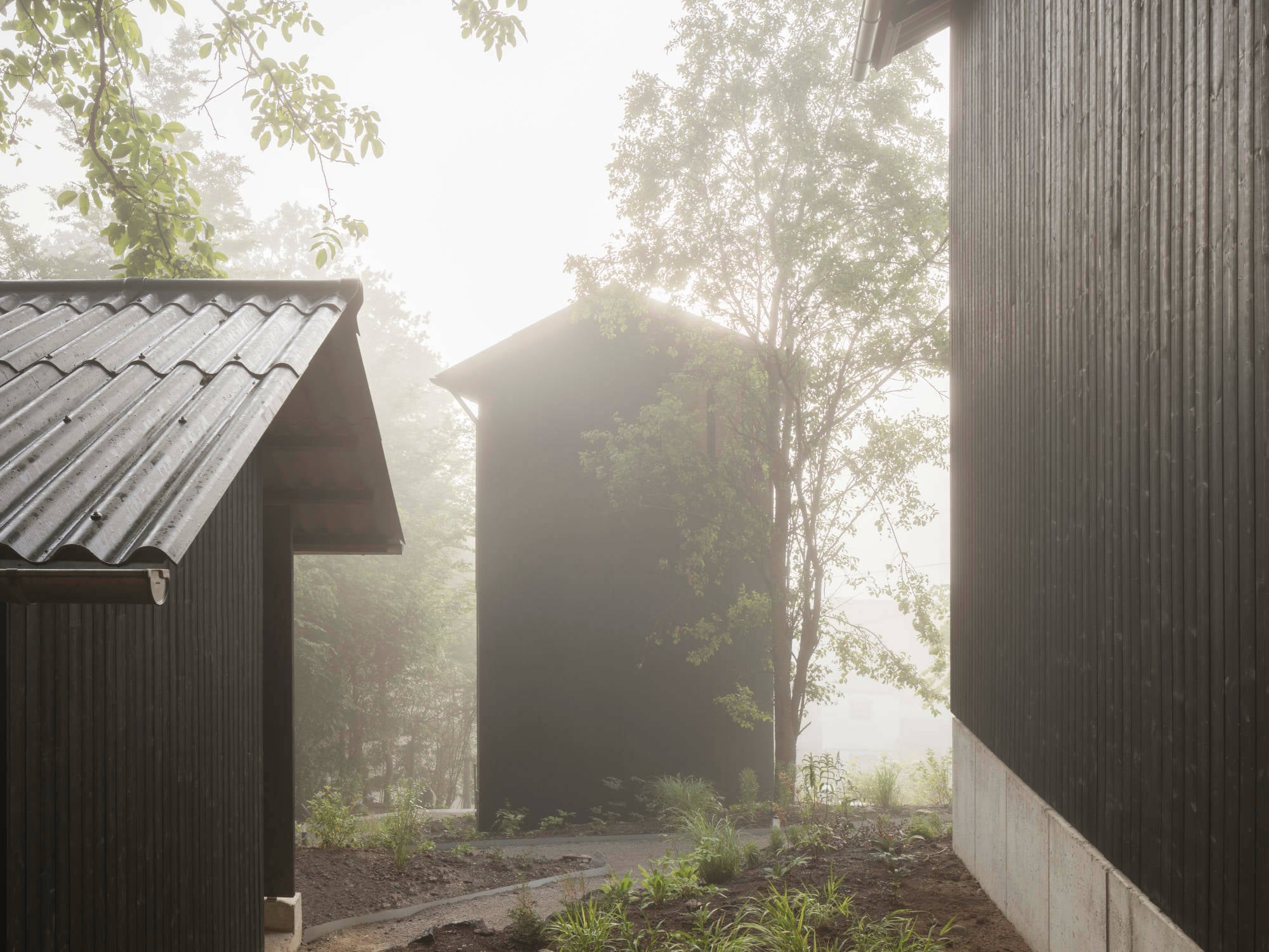 Das dreigeschossige Turmhaus steht unten am Hang, das zweigeschossige Ferienhaus weiter oben, das eingeschossige Saunahaus ist etwas abgewinkelt dazu positioniert.