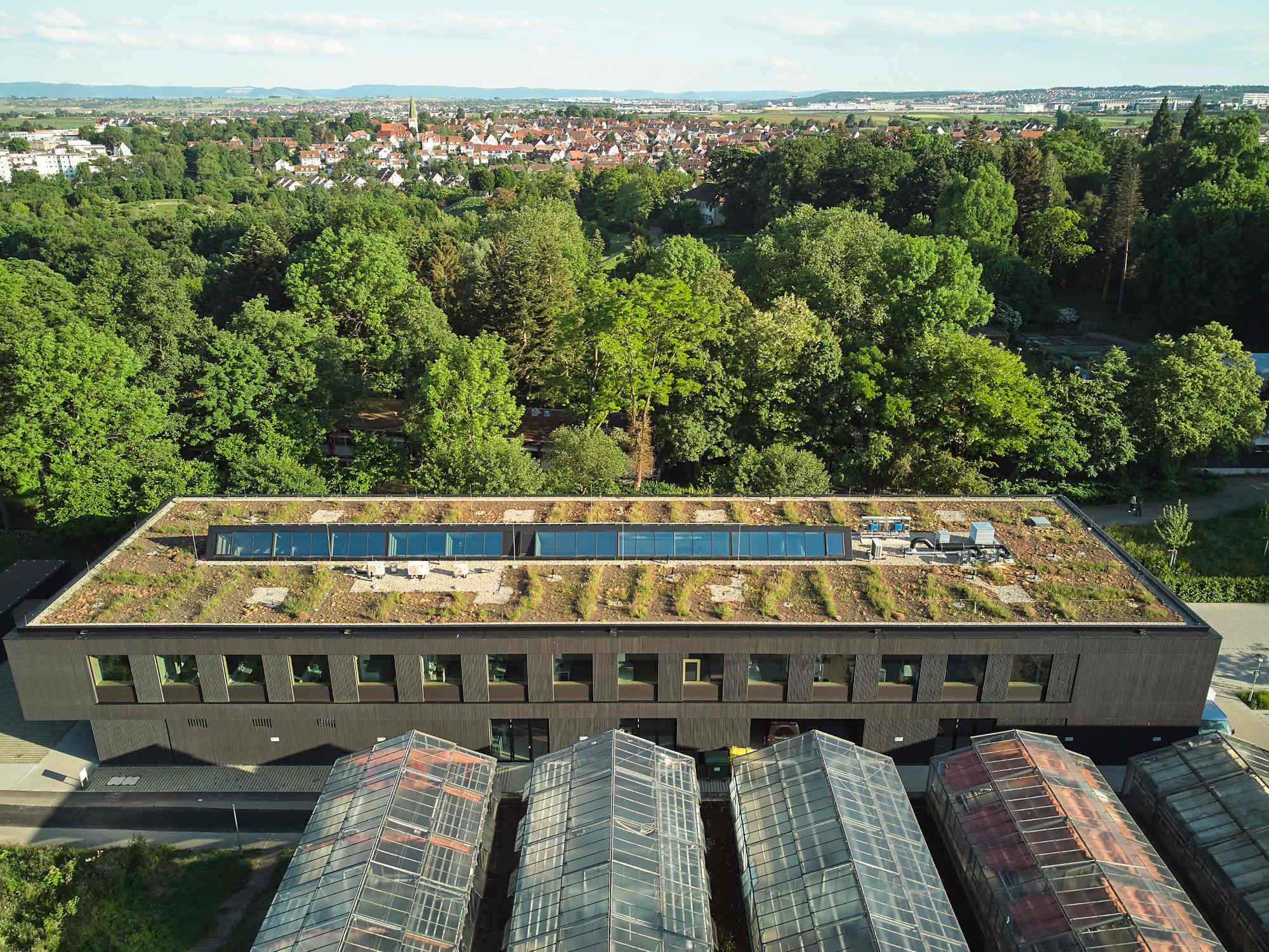 Im Umfeld des Landesinstituts für Bienenkunde befinden sich Gewächshäuser und ein Park.