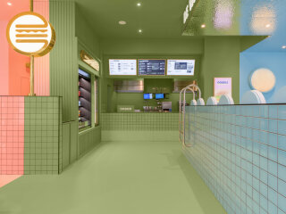 Beim Betreten der Bun-Burger-Filiale taucht man ab in drei Farbwelten aus Grün, Blau und Rosa.