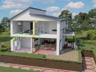 Ein Neubau mit einer NIBE Erdwärmepumpe und einem Ringgrabenkollektor als Wärmequelle, kombiniert mit einer Wohnraumlüftung und einer Photovoltaikanlage