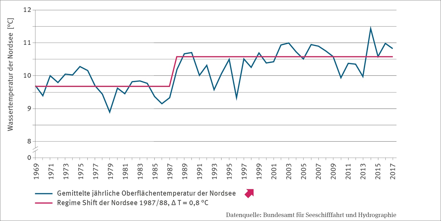 Anstieg der durschnittlichen jährlichen Oberflächentemperatur der Nordsee von 1969 bis 2017.