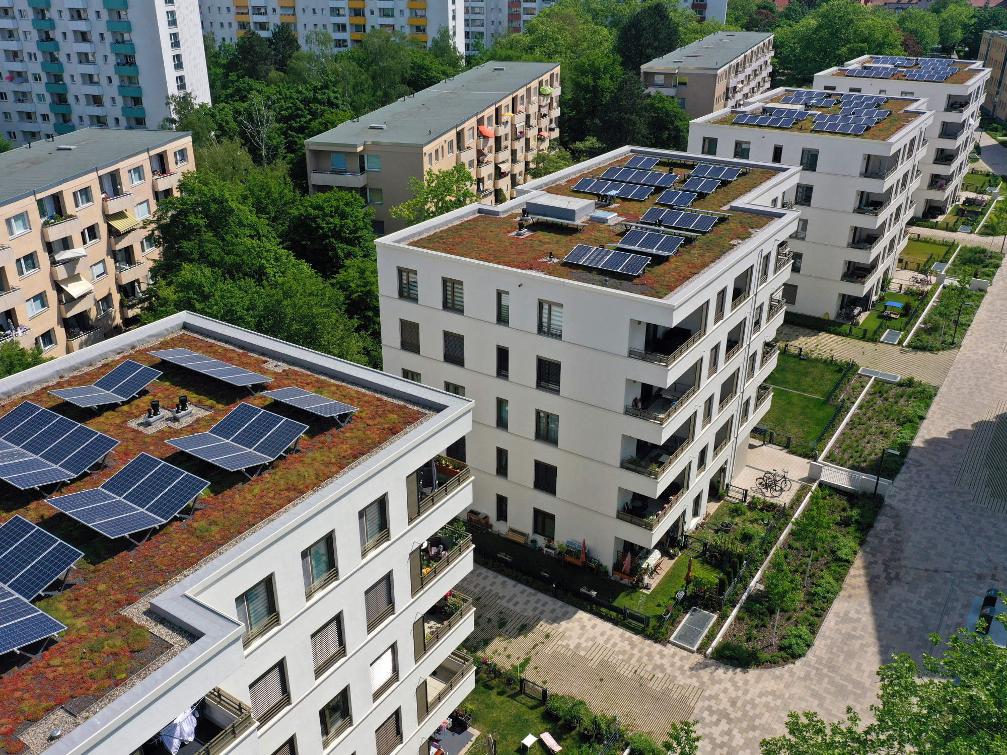 Wegen der potenziellen Schadensrisiken werden auflastgehaltene Montagesysteme für die PV-Anlage bevorzugt. Hier als Beispiel für auflastgehaltene Solargründächer auf der Wohnbebauung Freudenberger Weg in Berlin.