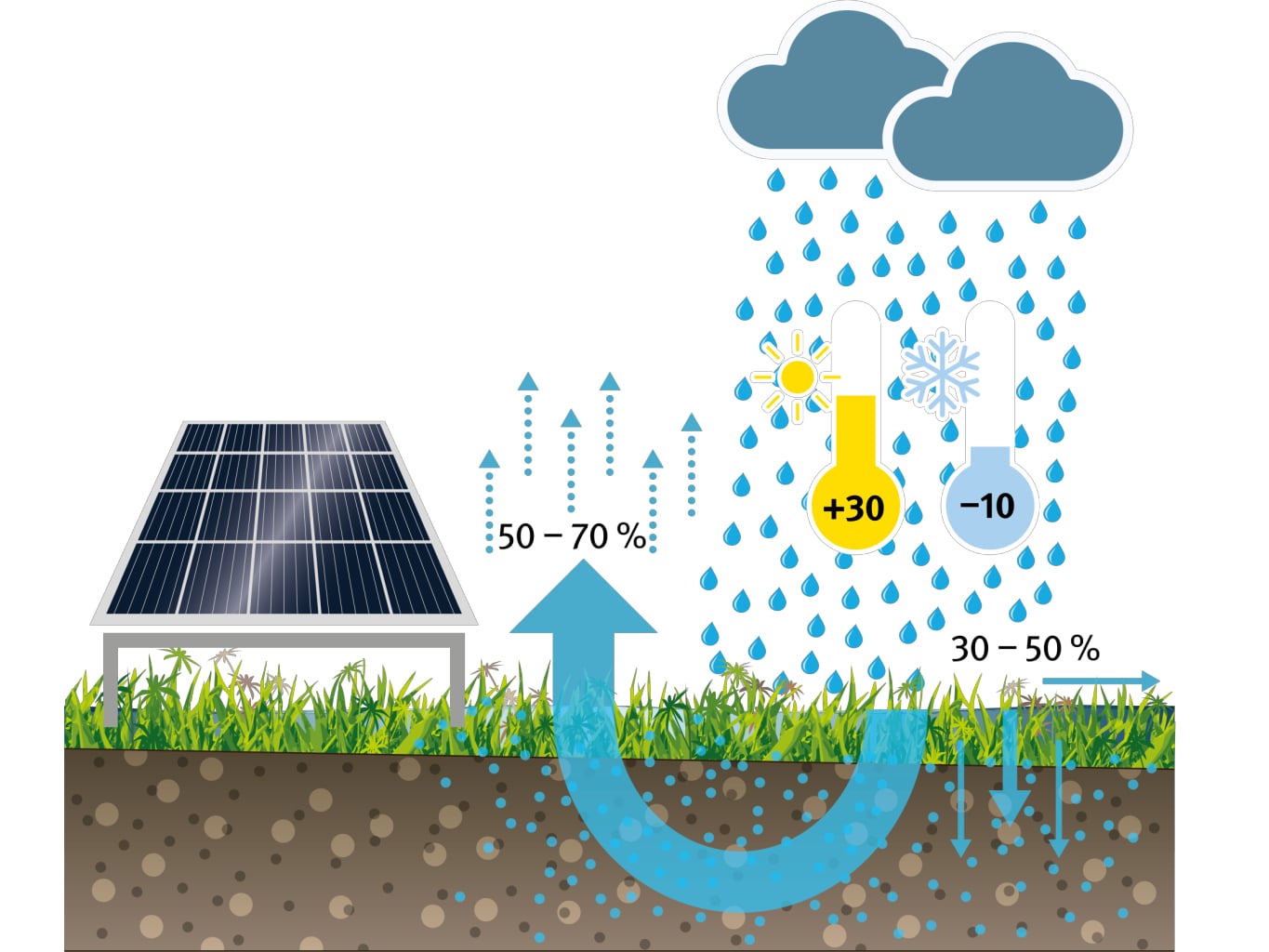 Ein Solargründach sorgt für eine hohe Wasserrückhaltung, Verdunstung und Kühlung und minimiert den Oberflächenabfluss