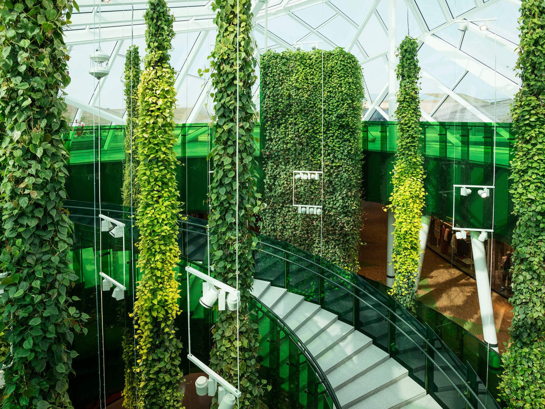 Pflanzen brauchen zum Wachsen Licht, Wasser und Nährstoffe. Auf dieser Grundlage basiert das vertikale, hängende System „Plantwire“ des Herstellers Green Fortune, hier in der Shoppingmall Emporia in Malmö.