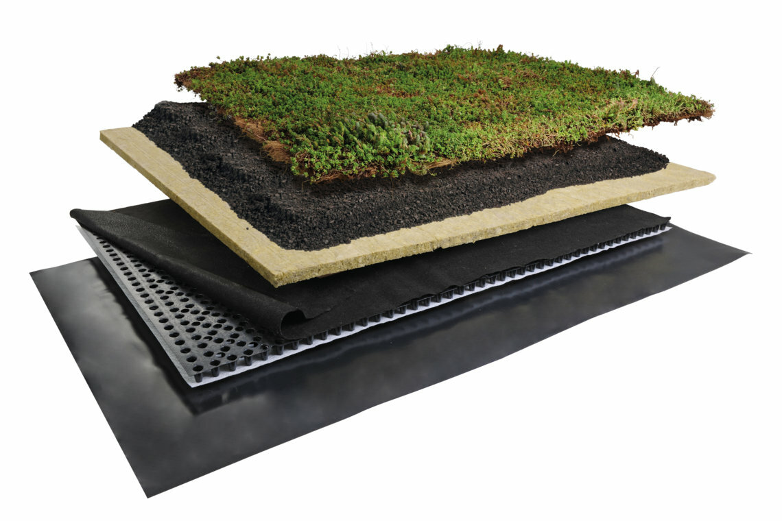 Das Bio-System vereint eine 60 mm hohe Substratschicht und eine Wasserspeichermatte in einer Komplettlösung, wodurch eine besonders hohe Regenwasserspeicherkapazität entsteht. 