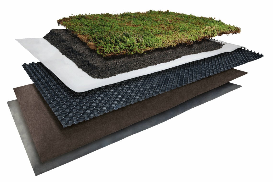 Für größere Dachflächen wie Industriehallen eignet sich das Terra-System. Die 60 mm hohe Substratschicht liegt hier direkt unter der Sedummatte.