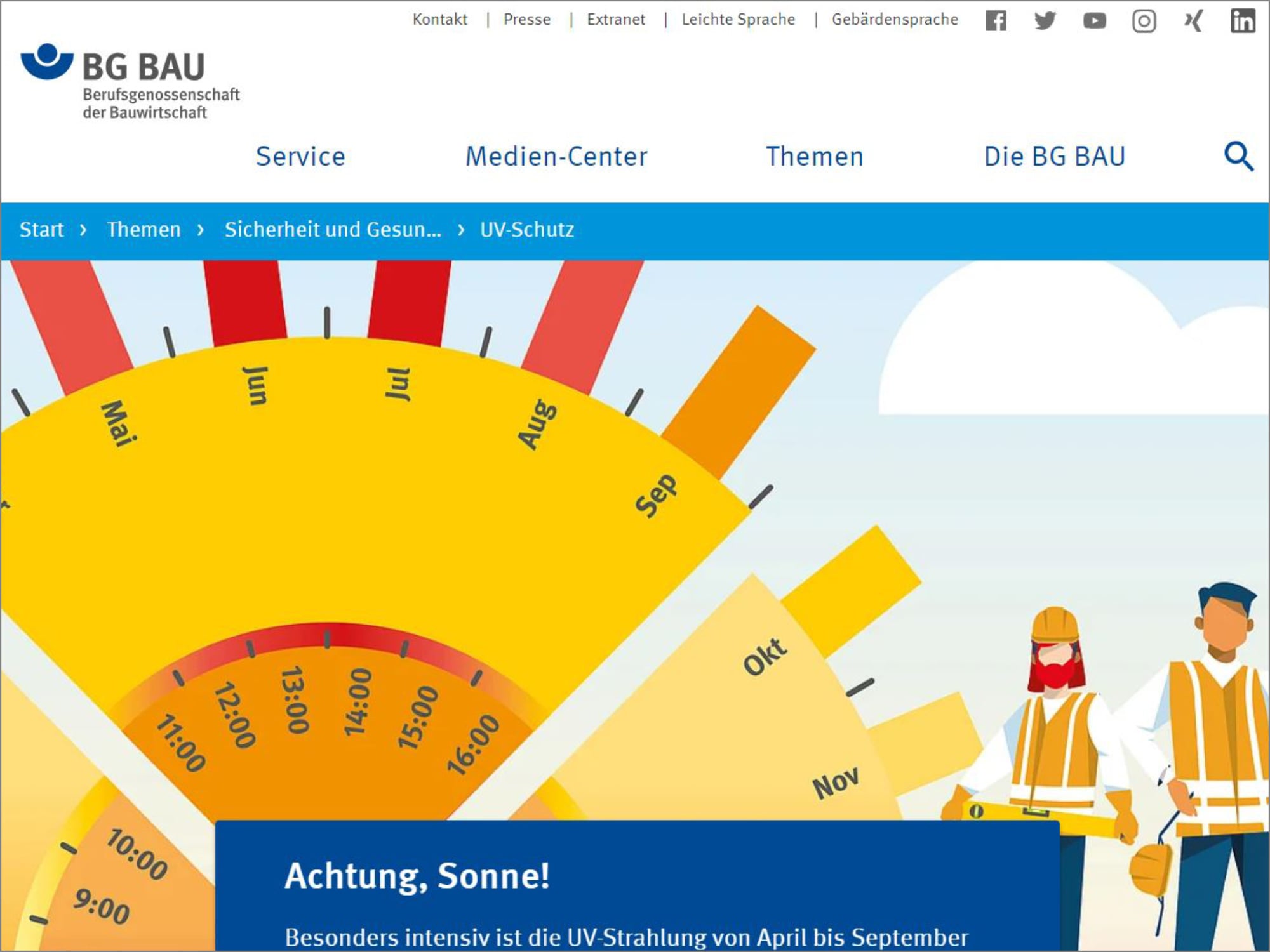 Auf der Webseite der Berufsgenossenschaft der Bauwirtschaft werden Informationen zu UV-Schutzmaßnahmen und ihrer Finanzierung angeboten.