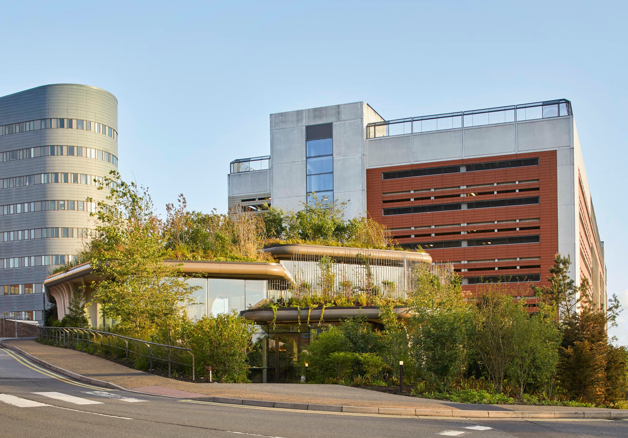 Die Architekten nutzten das Grundstück, einen keilförmigen Grashügel neben dem Parkplatz des Krankenhauses mit sechs Metern Niveauunterschied, zur Errichtung von drei ineinander verschachtelten Pavillons.