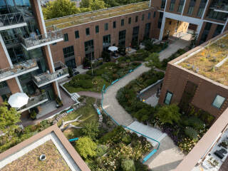 Beispiel für eine intensive wie extensive Begrünung auf den Dächern des Wohnkomplexes Groene Kaap in Rotterdam (System Gartendach von Optigrün), Architektur: Bureau Massa, Landschaftsarchitektur: LOLA