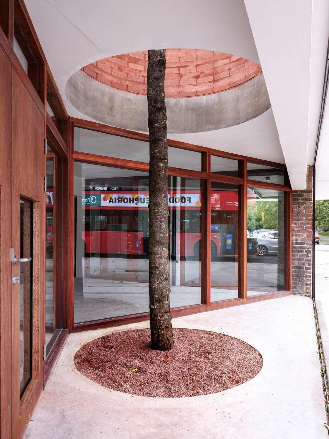 Eine kreisförmige Öffnung wurde für den Baum geschaffen. 