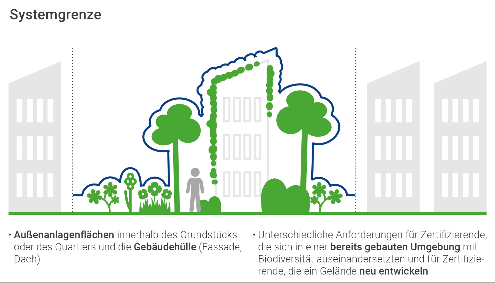 Für die Zertifizierung muss ein bestimmter Flächenanteil der Außenanlagen biodiversitätsfördernd gestaltet werden; entsprechend umgesetzte Fassaden und Dachflächen können angerechnet werden.