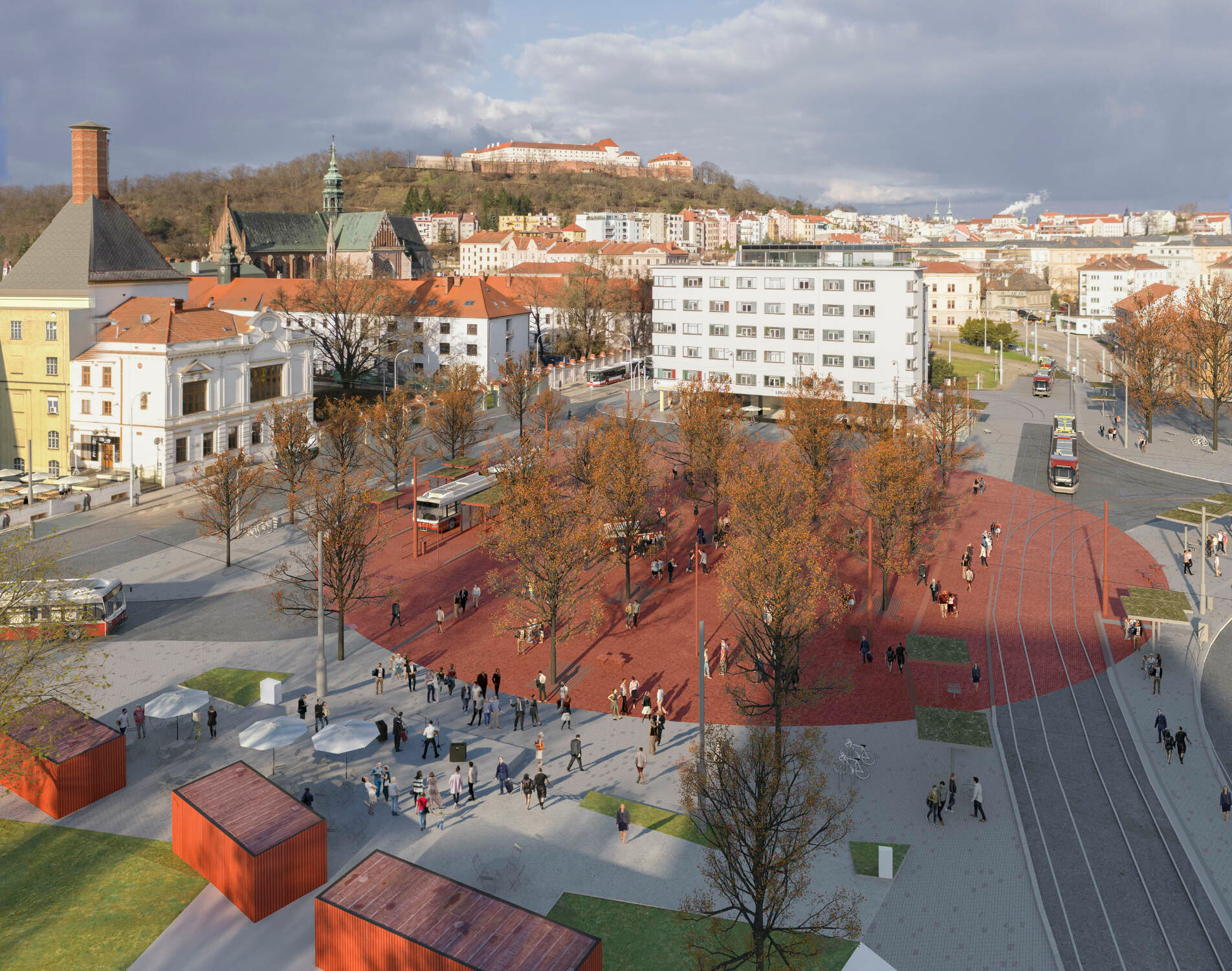 Zum 200. Geburtstag von Mendel soll der Platz im Jahr 2022 mit einer neuen Gestaltung aufwarten: Chybik plus Kristof Architects wollen den Platz mit einer kreisförmigen Pflasterung mit roten Granitsteinen versehen (Entwurf).