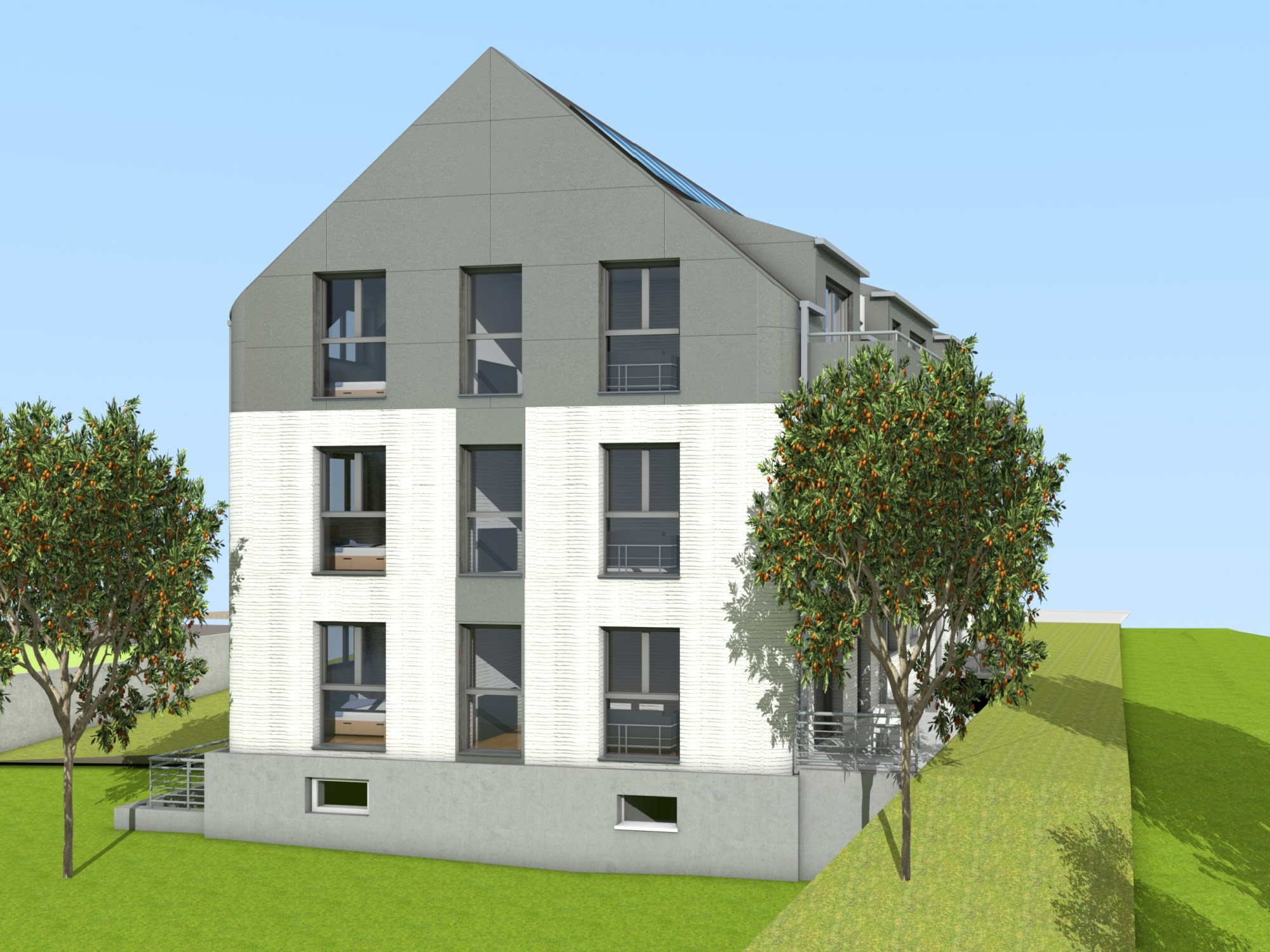 Es ist das erste öffentlich geförderte, mehrgeschossige Wohnhaus, das mithilfe der Technologie ensteht. Der Entwurf stammt von Steinhoff Architekten. 
