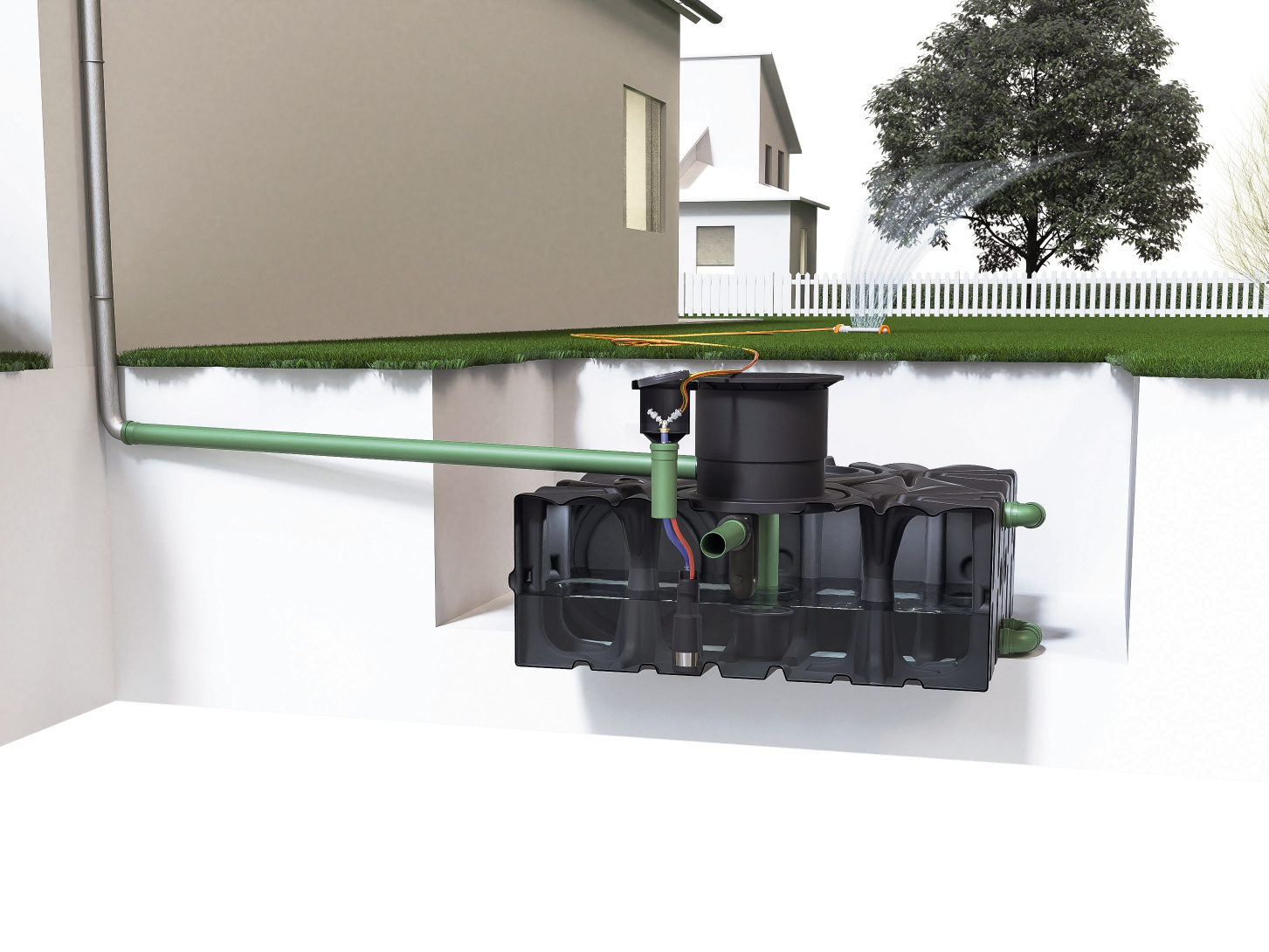 Komplettsystem für die Regenwassernutzung in Gärten mit drei Flachtanks und einem Fassungsvermögen für ingesamt 6.000 l Regenwasser (Rain4me Komplettset).