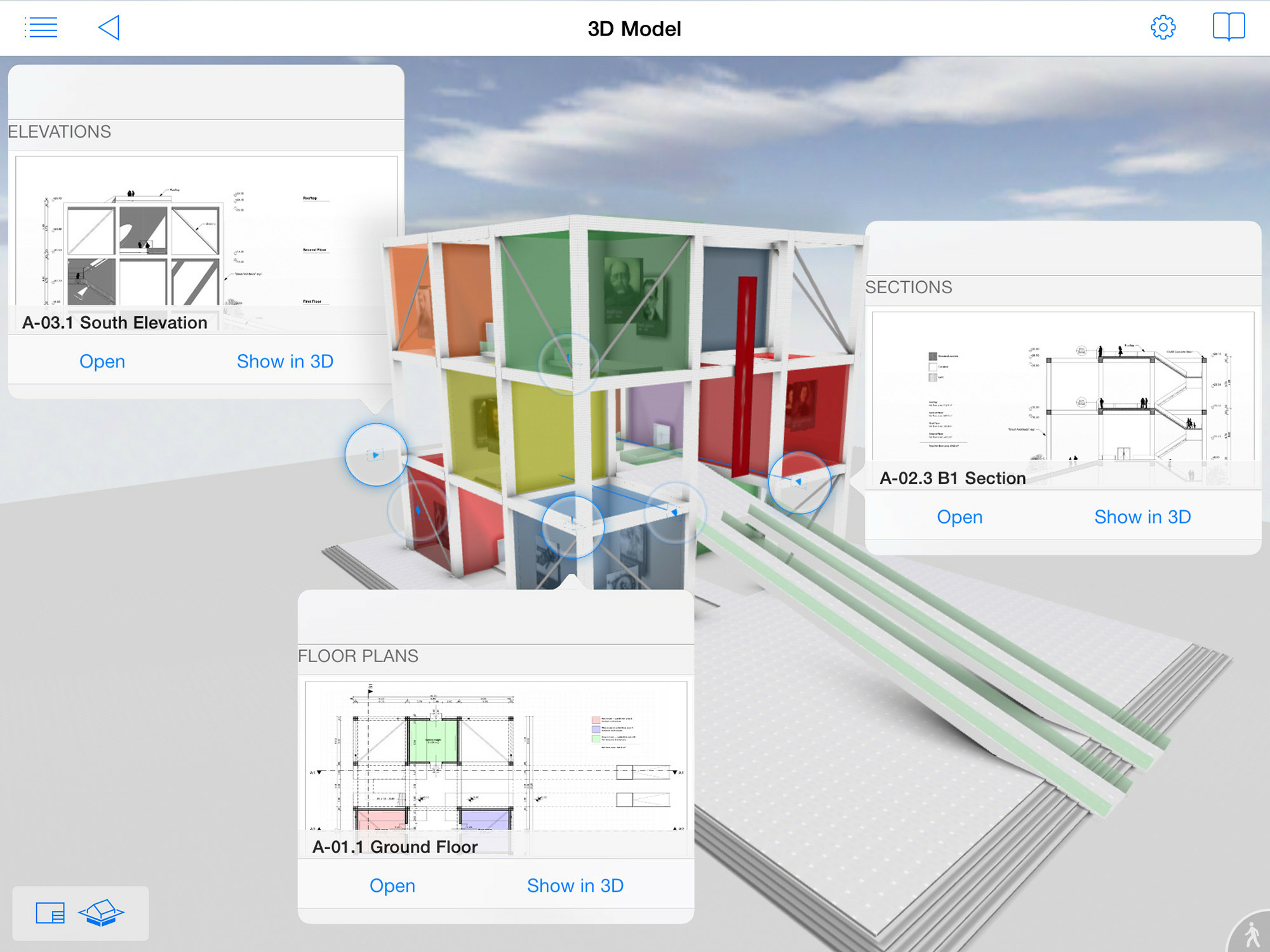 In der BIMx-App kann auf alle hinterlegten 2D-Pläne, Layouts, Dokumentationen und Zeitpläne zugegriffen werden. Das Projekt lässt sich in 3D erleben – durch das Gebäude laufend oder fliegend.