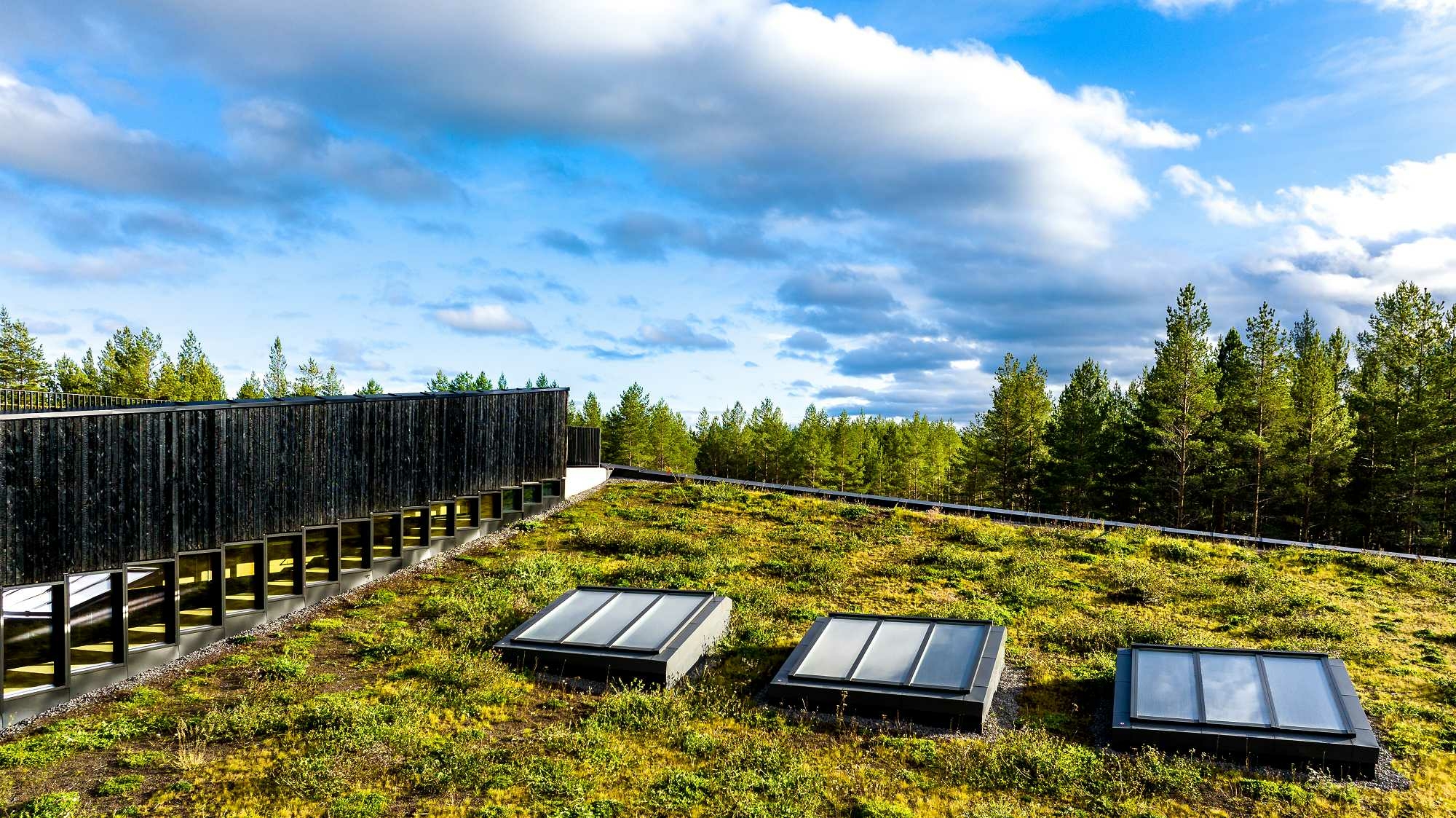 Die begrünten Dächer verfügen über Solarpaneele und Oberlichter.